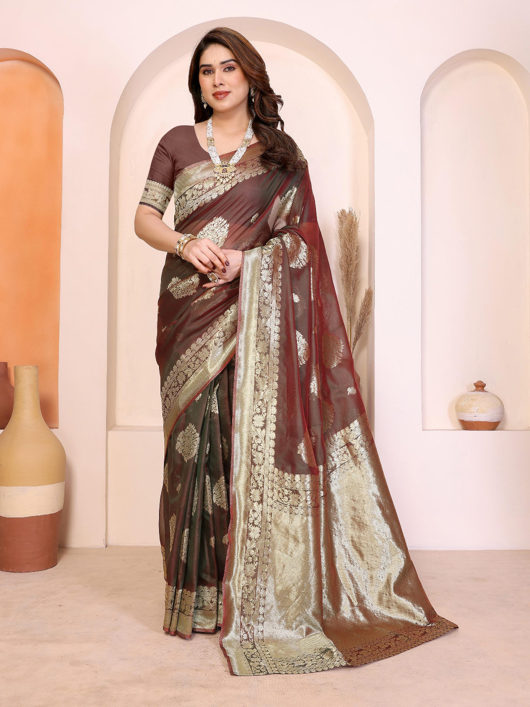 Woven Banarasi Silk ready to wear saree with Zari Motifs