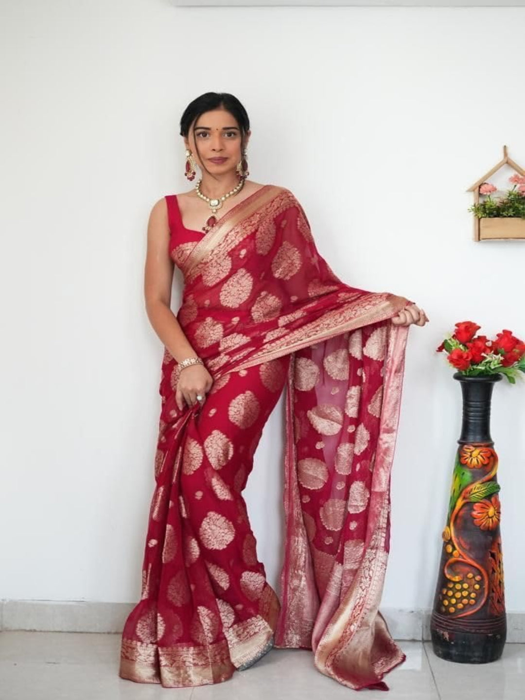 Woven Banarasi Silk ready to wear saree with Zari Motifs