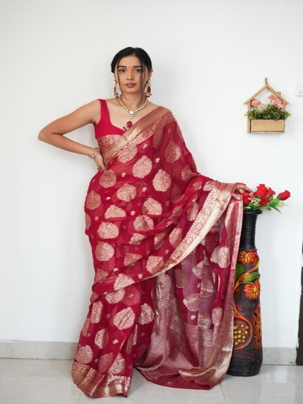 Woven Banarasi Silk ready to wear saree with Zari Motifs