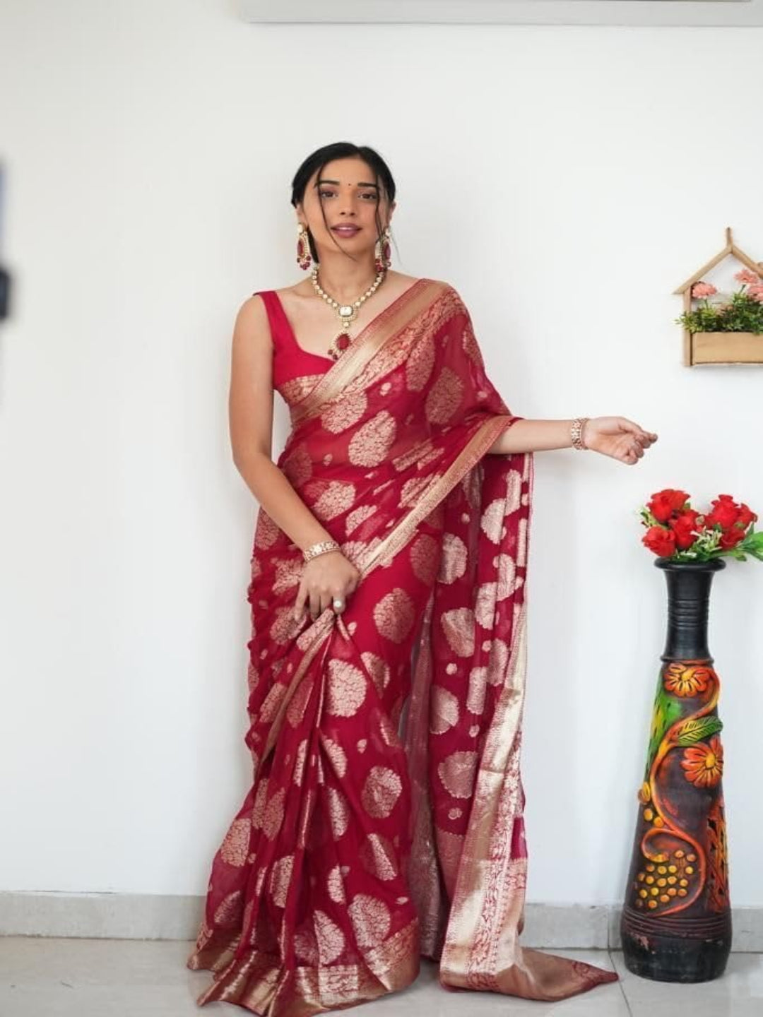 Woven Banarasi Silk ready to wear saree with Zari Motifs