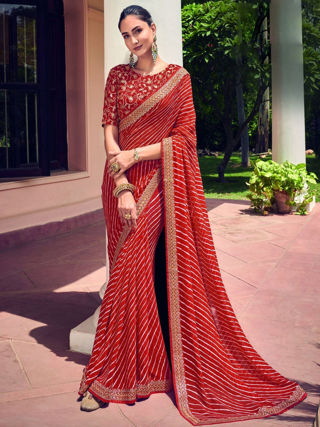 Rang Leheriya Georgette Saree with Lace Accents