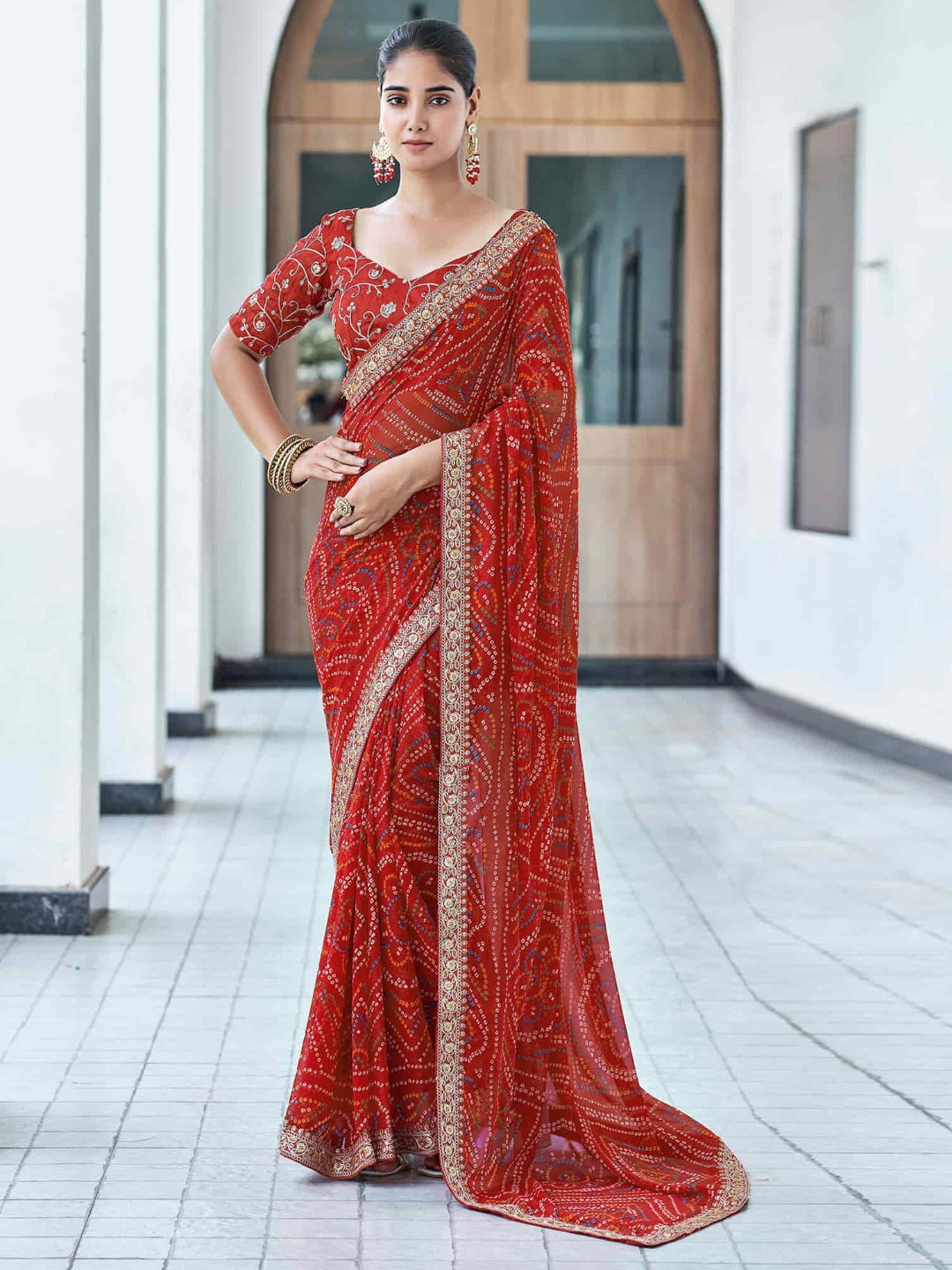 Bandhej Aura Georgette Saree with Lace Border