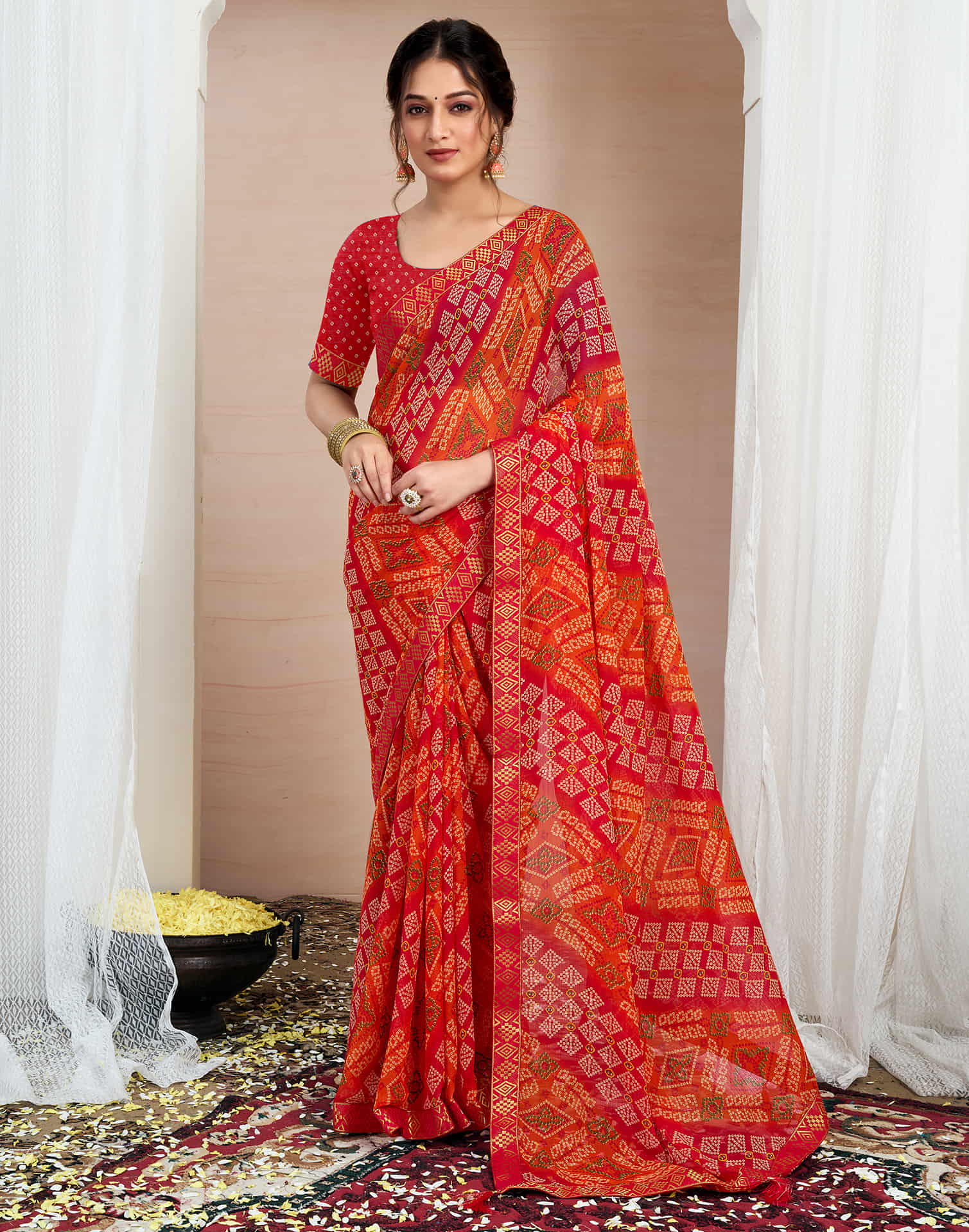 Bandhej Tassel Chiffon Saree