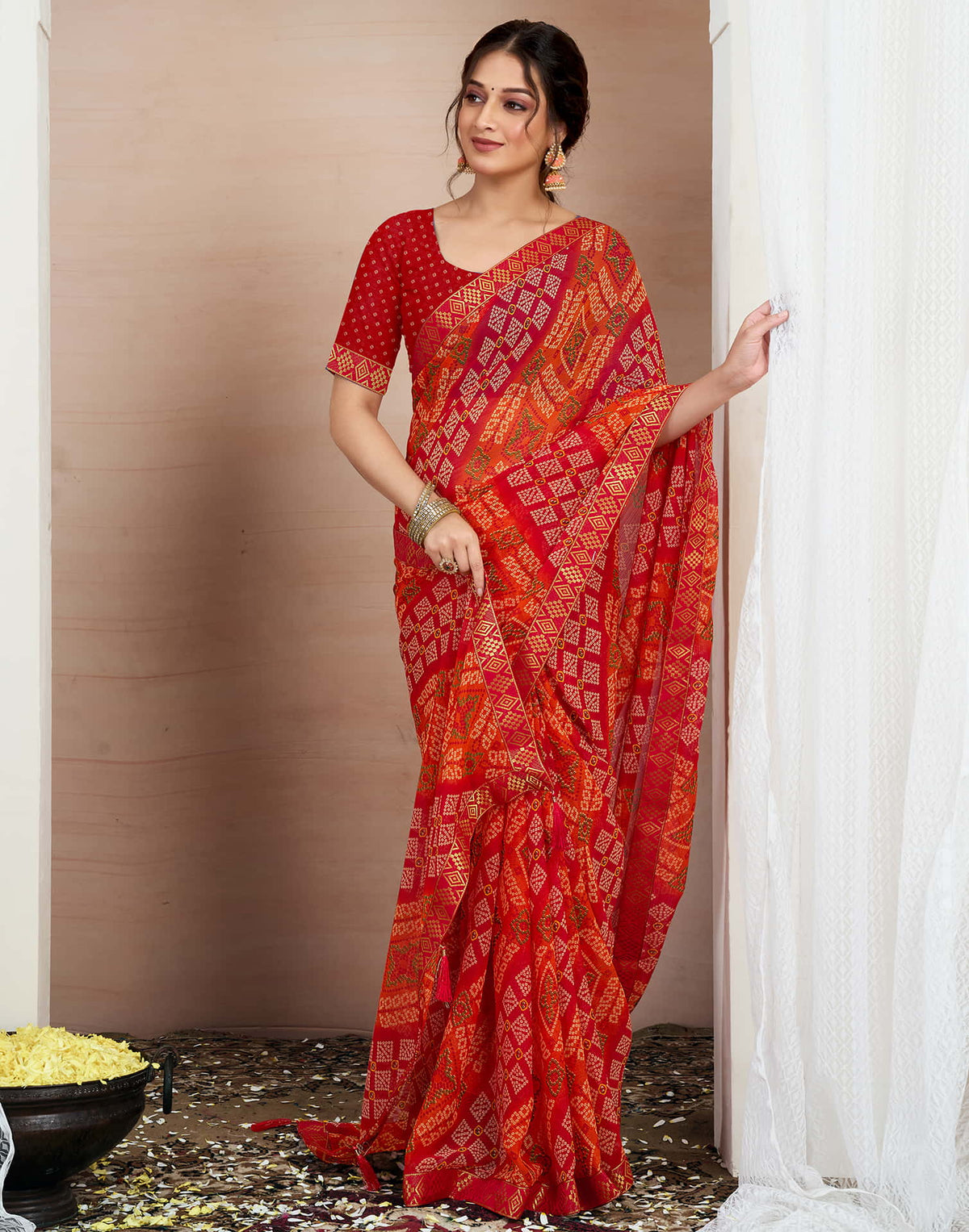 Bandhej Tassel Chiffon Saree