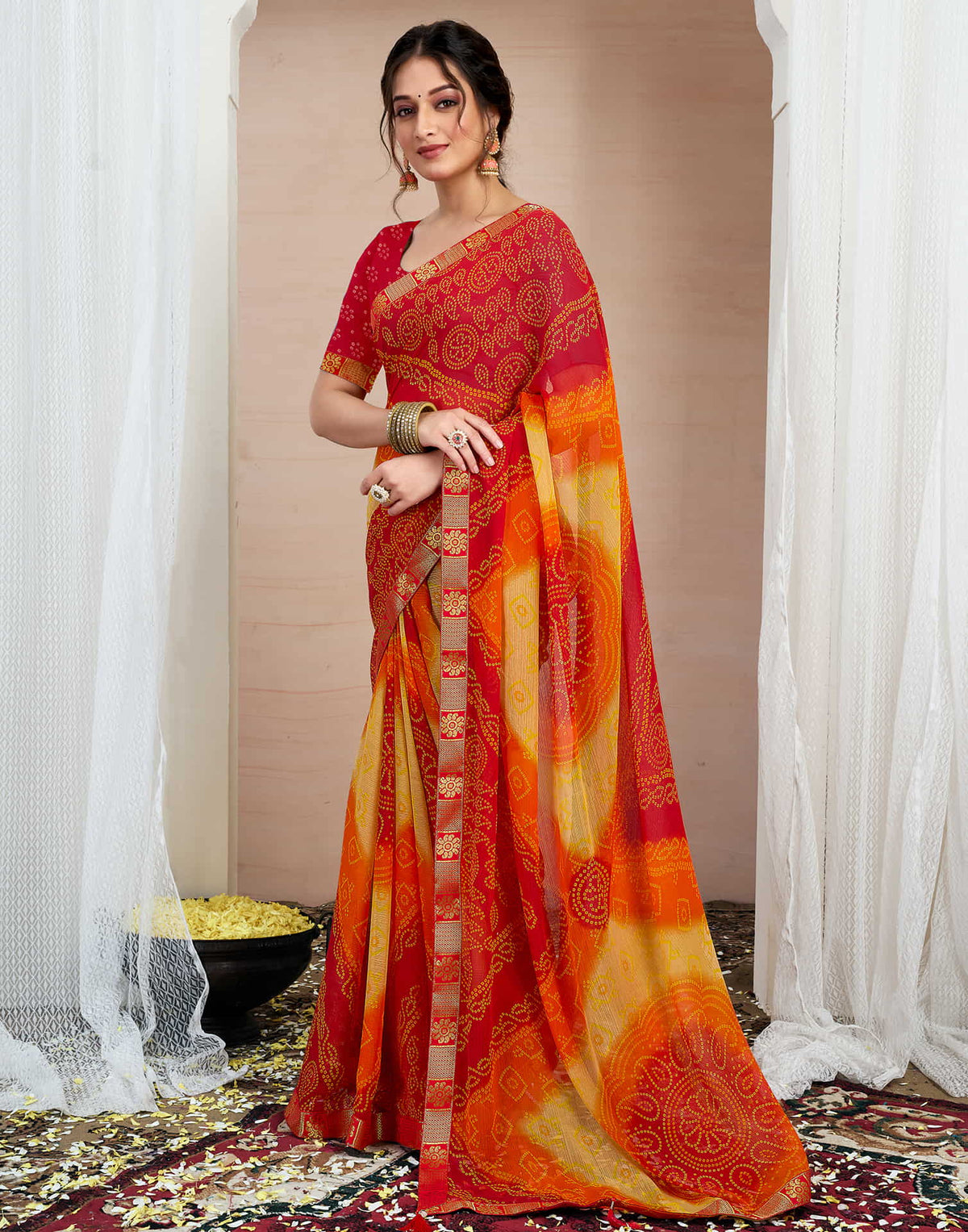 Bandhej Tassel Chiffon Saree