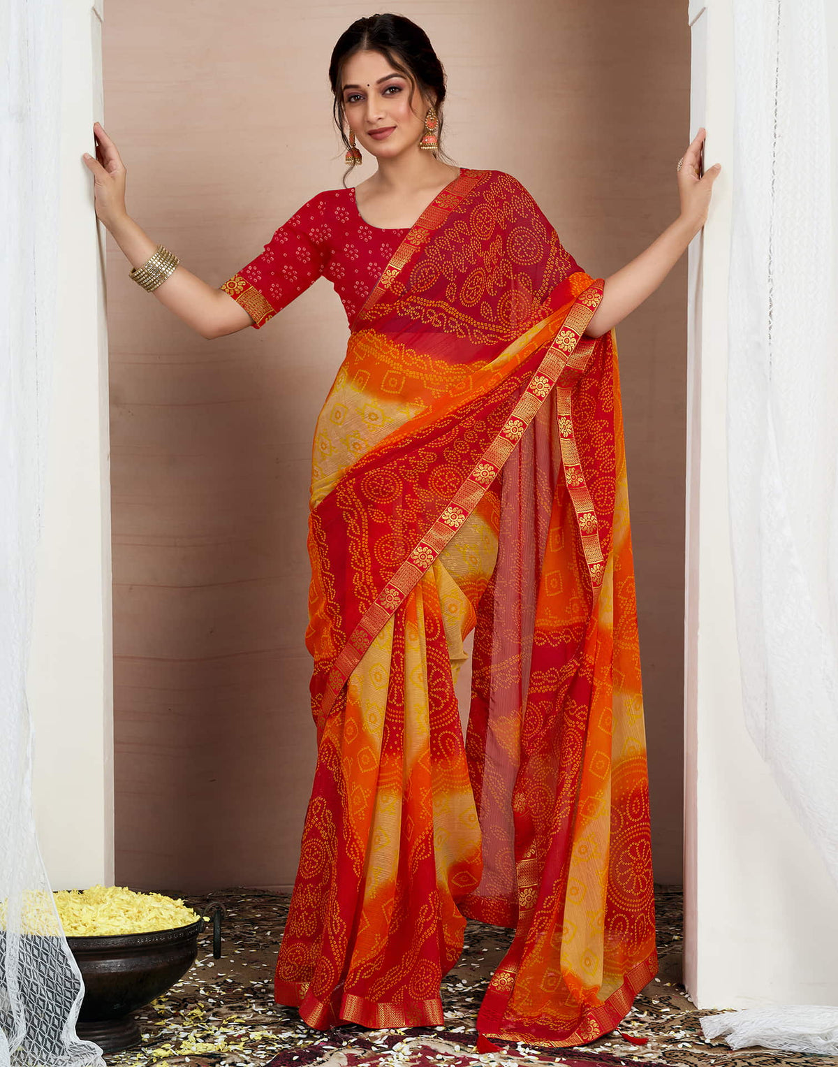 Bandhej Tassel Chiffon Saree