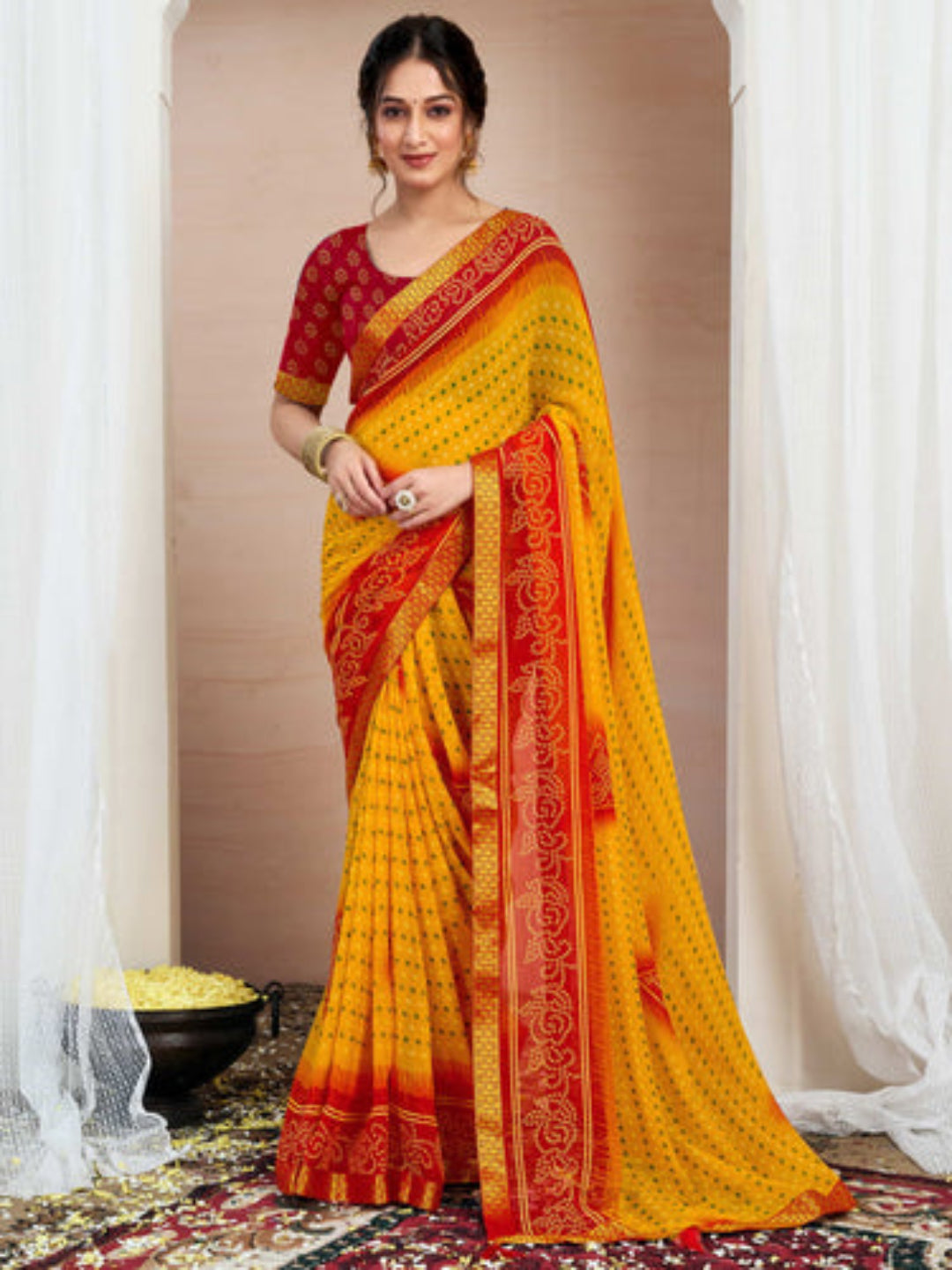 Bandhej Tassel Chiffon Saree