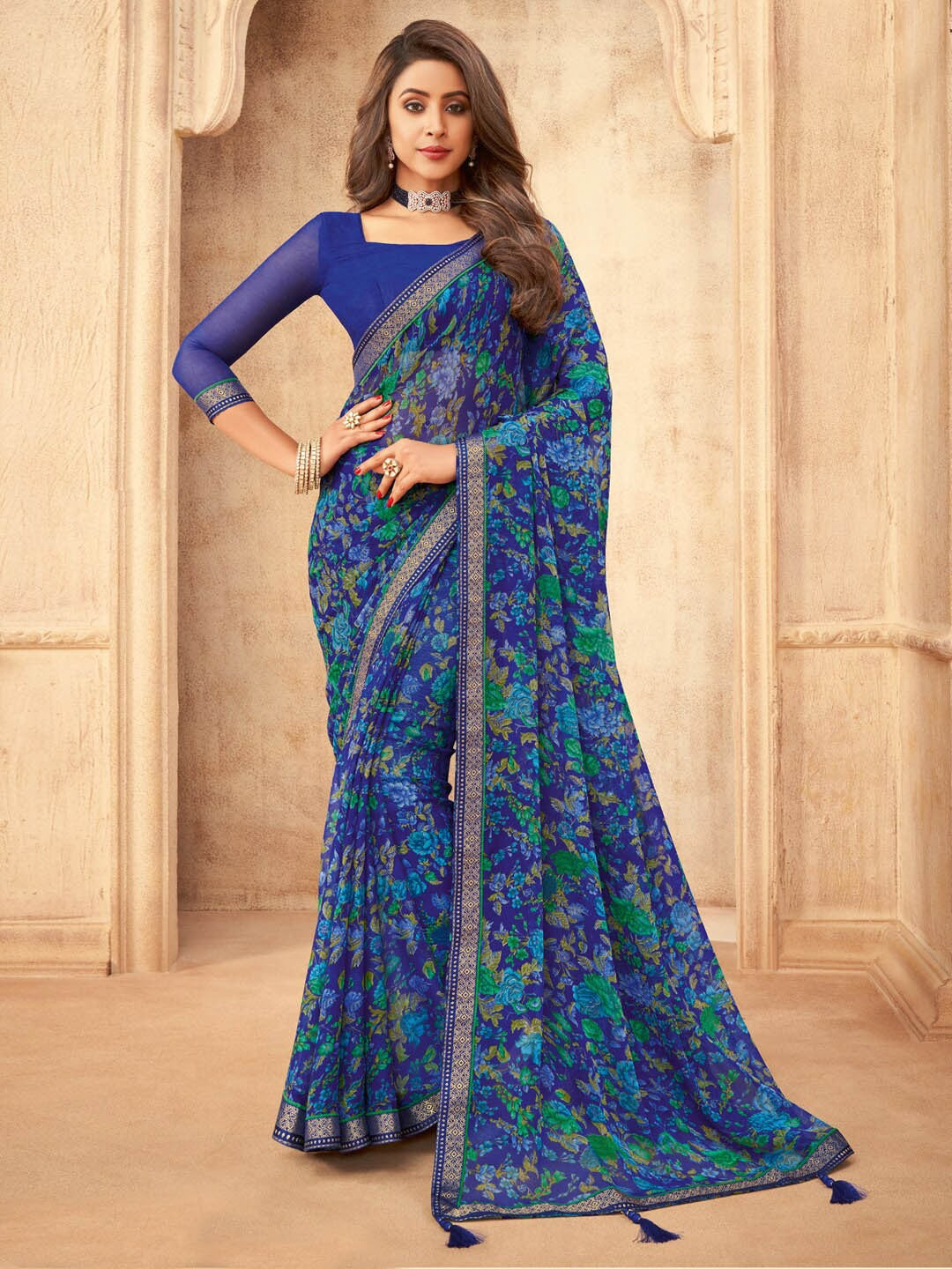 Aarna Floral Printed Chiffon Saree with Lace Border