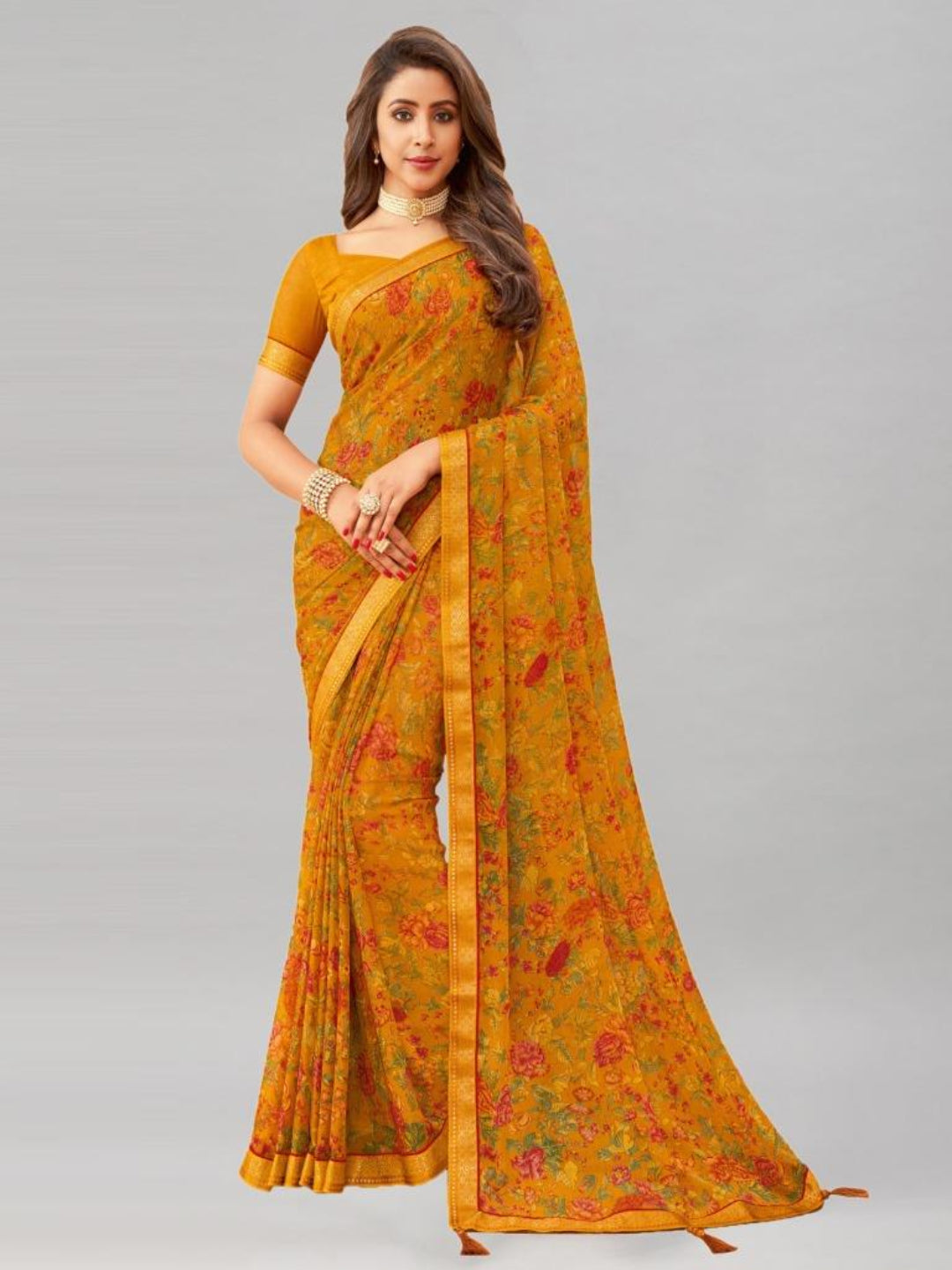 Aarna Floral Printed Chiffon Saree with Lace Border