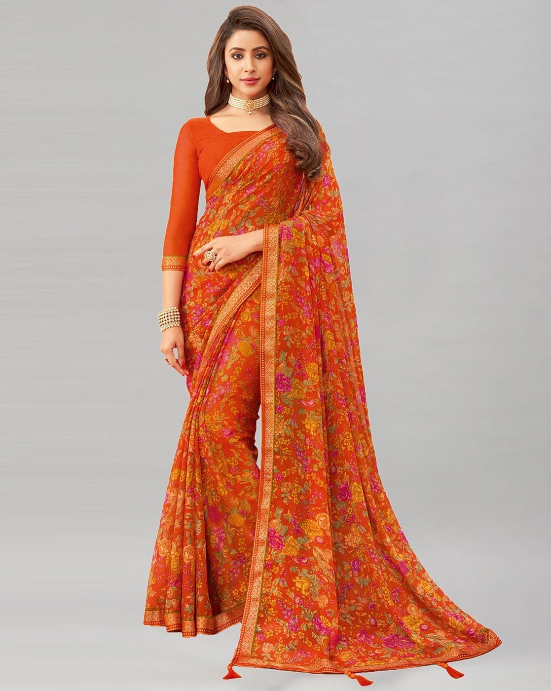 Aarna Floral Printed Chiffon Saree with Lace Border
