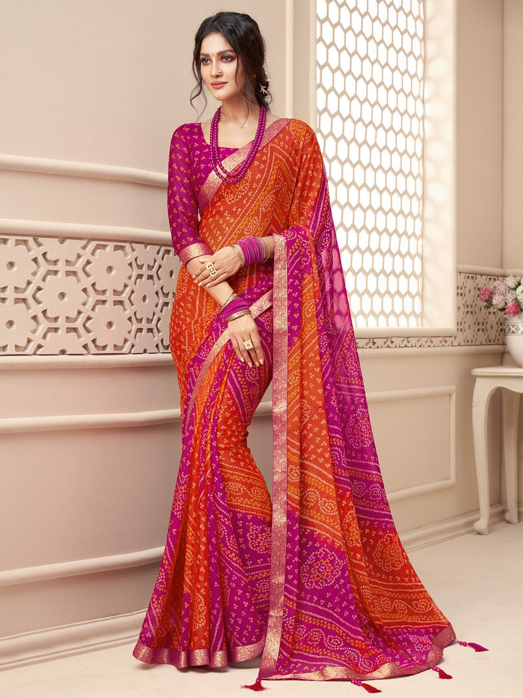 Ishani Bandhani Printed Chiffon Saree with Lace Border