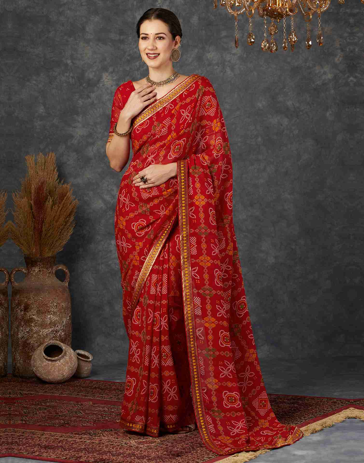 Ishani Bandhani Printed Chiffon Saree with Lace Border