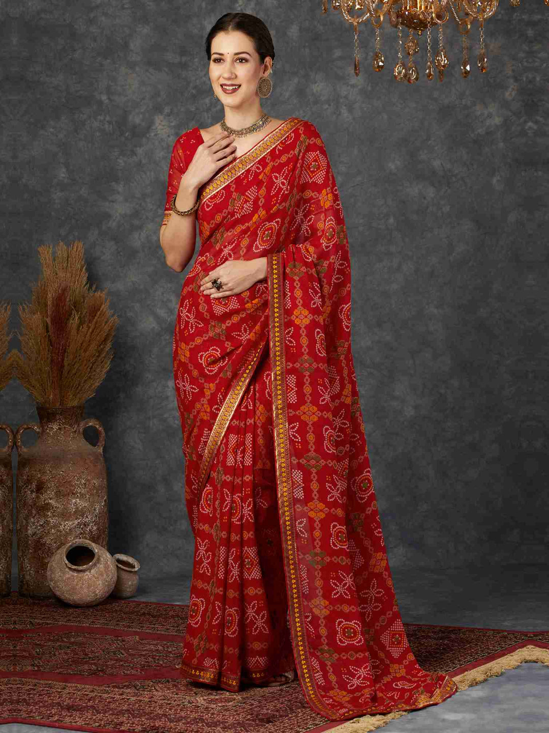 Ishani Bandhani Printed Chiffon Saree with Lace Border