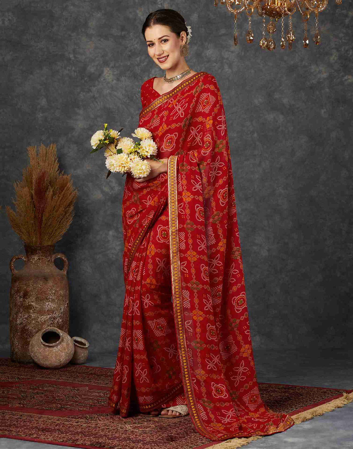 Ishani Bandhani Printed Chiffon Saree with Lace Border