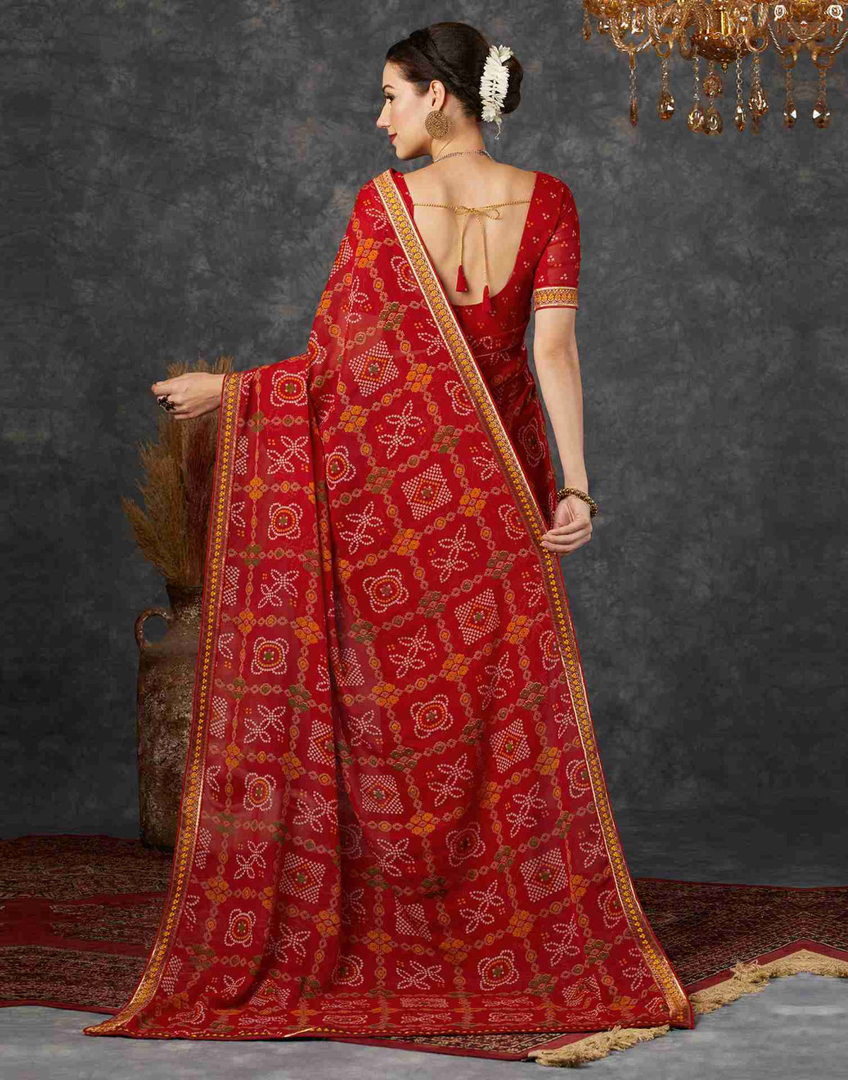 Ishani Bandhani Printed Chiffon Saree with Lace Border