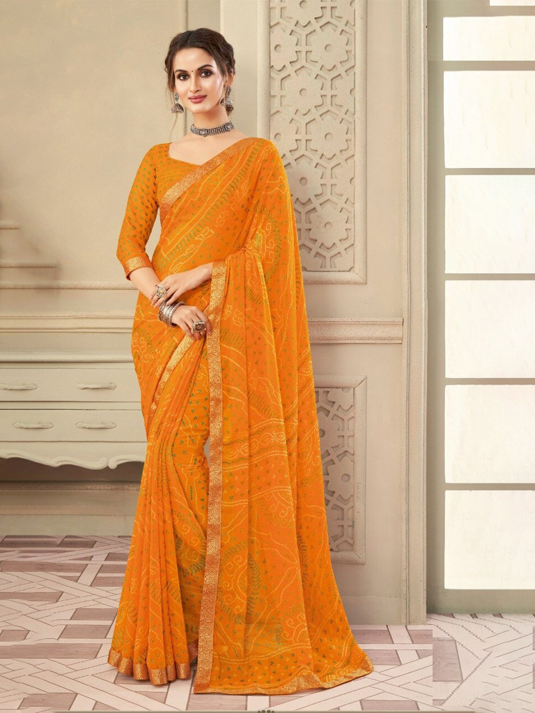 Ishani Bandhani Printed Chiffon Saree with Lace Border