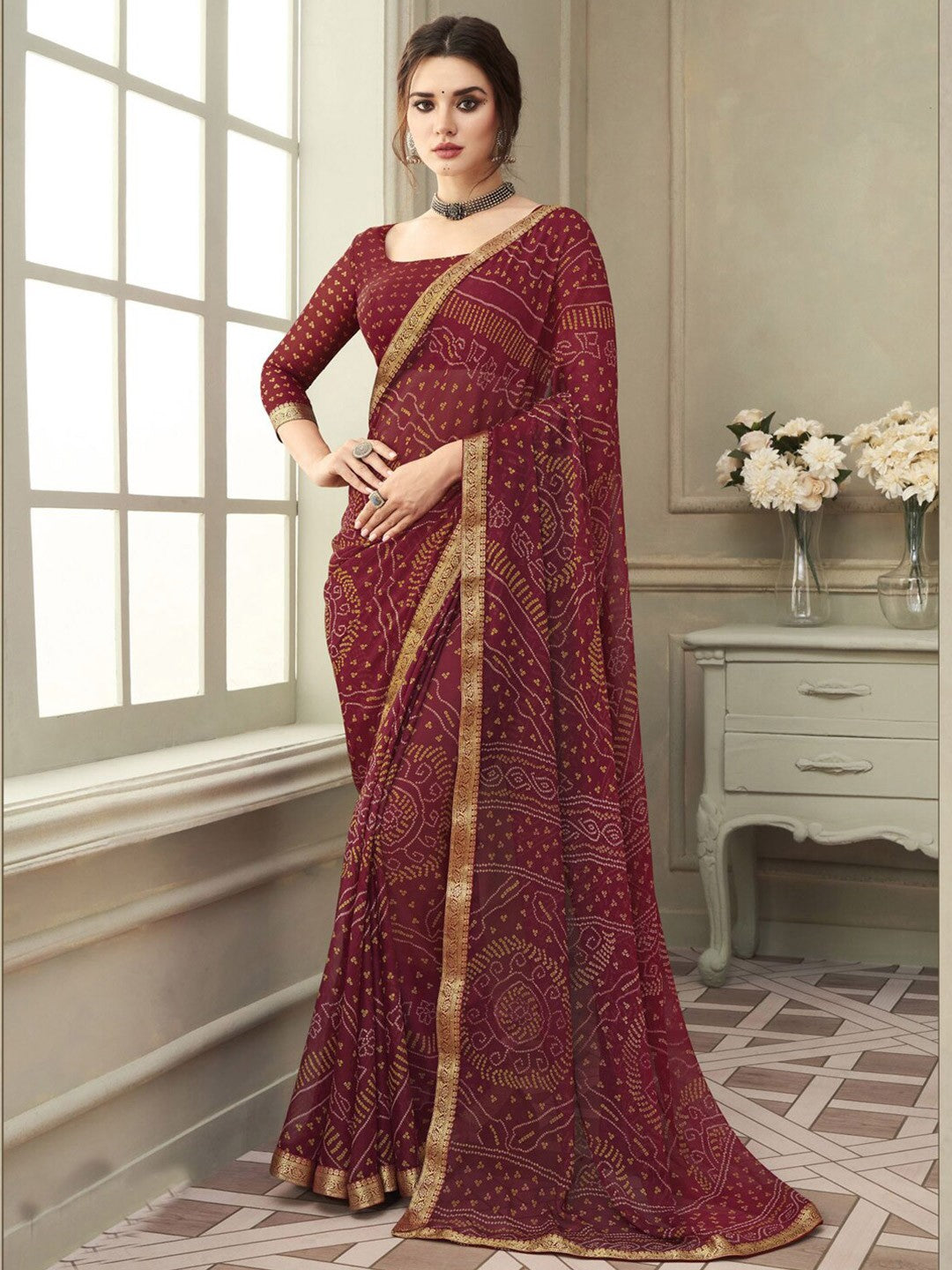 Ishani Bandhani Printed Chiffon Saree with Lace Border