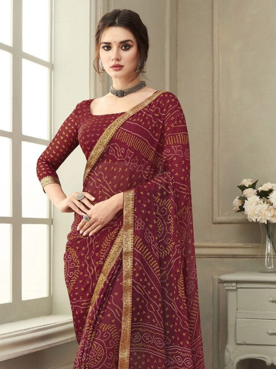 Ishani Bandhani Printed Chiffon Saree with Lace Border