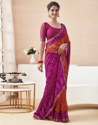 Rangriti Bandhani Chiffon Saree with Lace Border