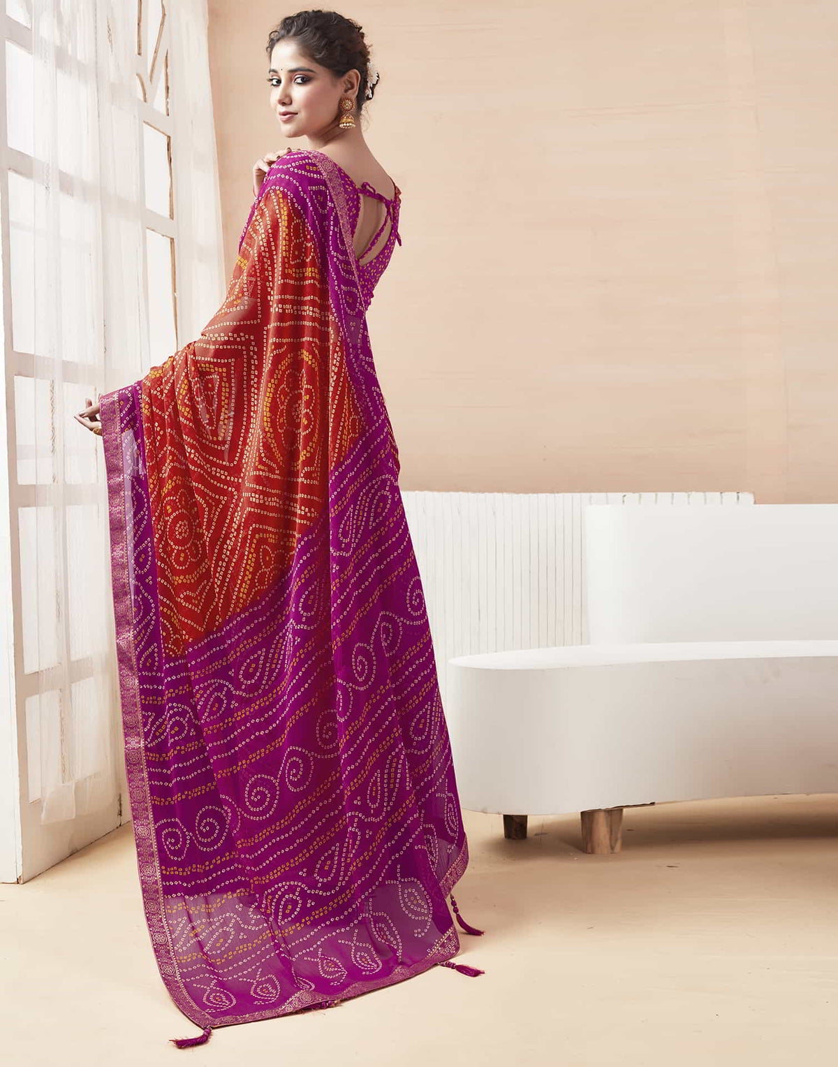 Rangriti Bandhani Chiffon Saree with Lace Border