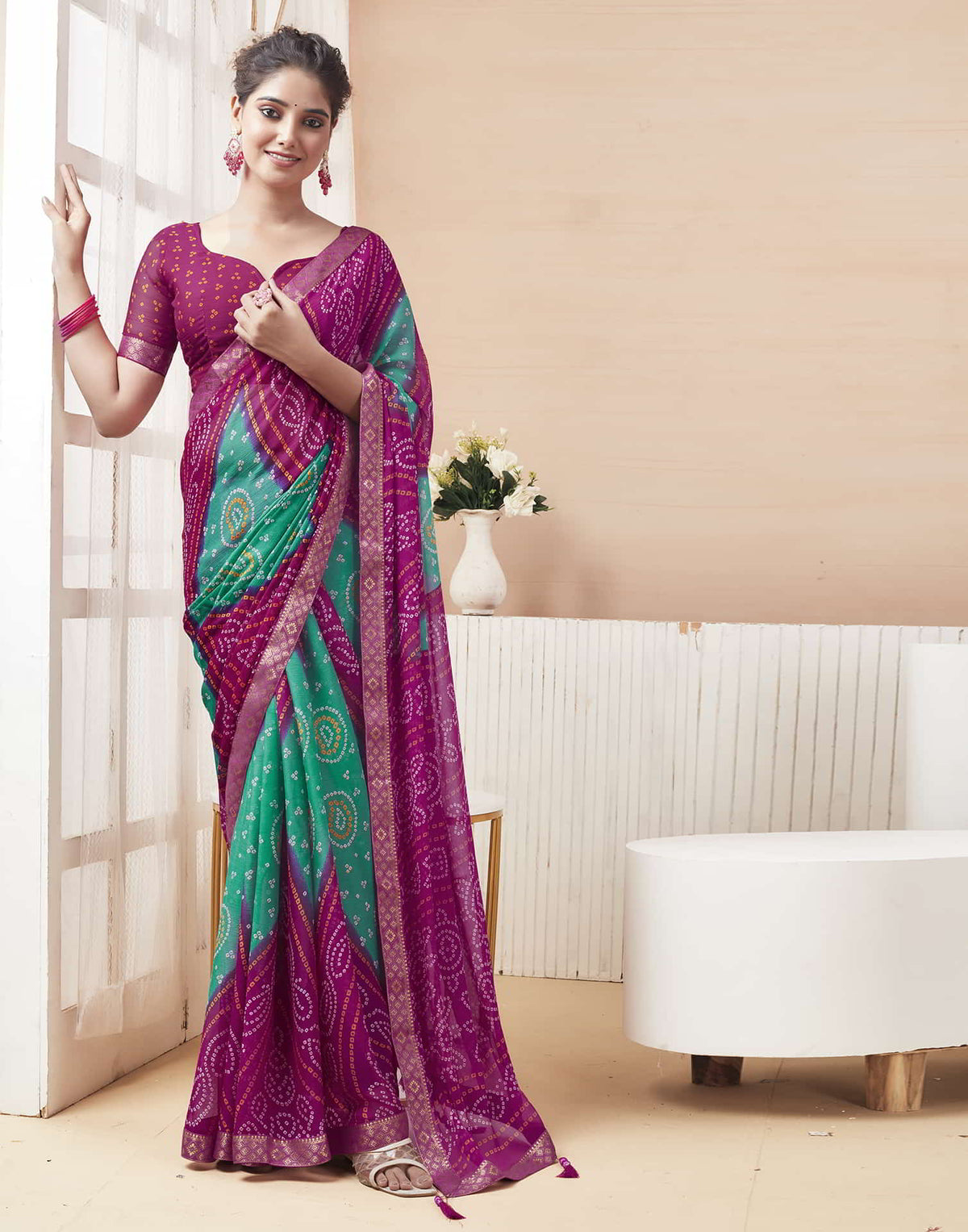 Rangriti Bandhani Chiffon Saree with Lace Border