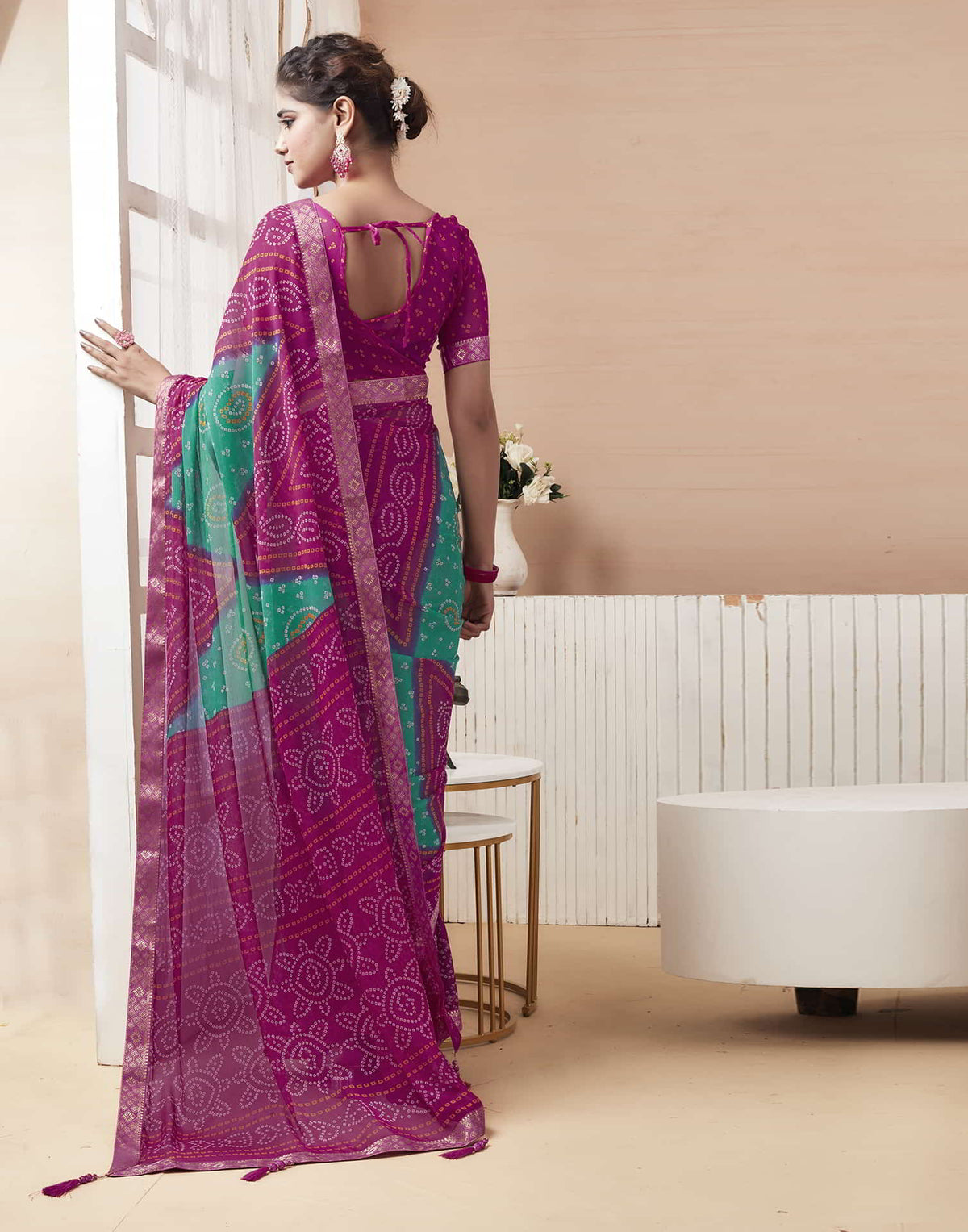 Rangriti Bandhani Chiffon Saree with Lace Border