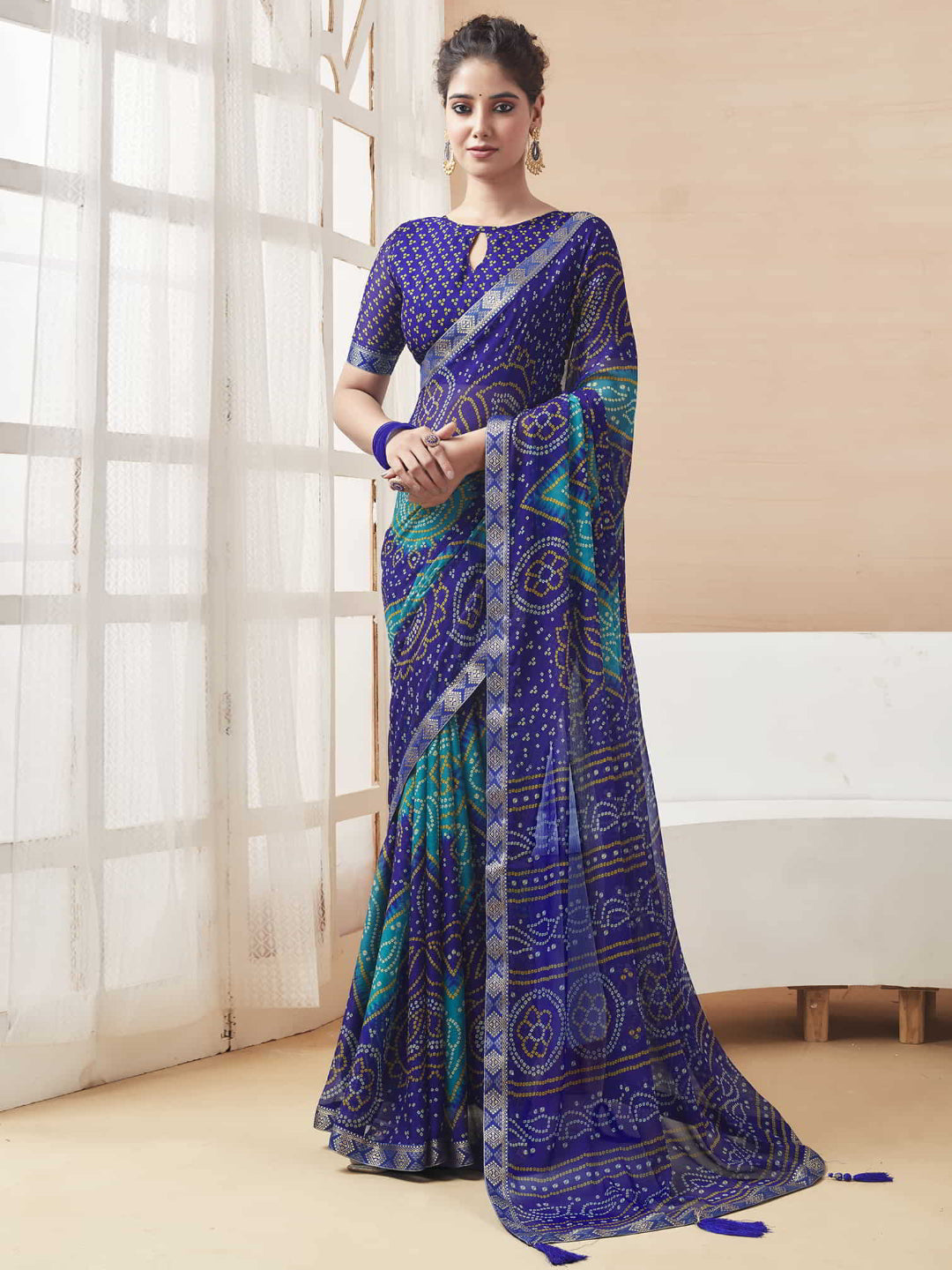 Rangriti Bandhani Chiffon Saree with Lace Border