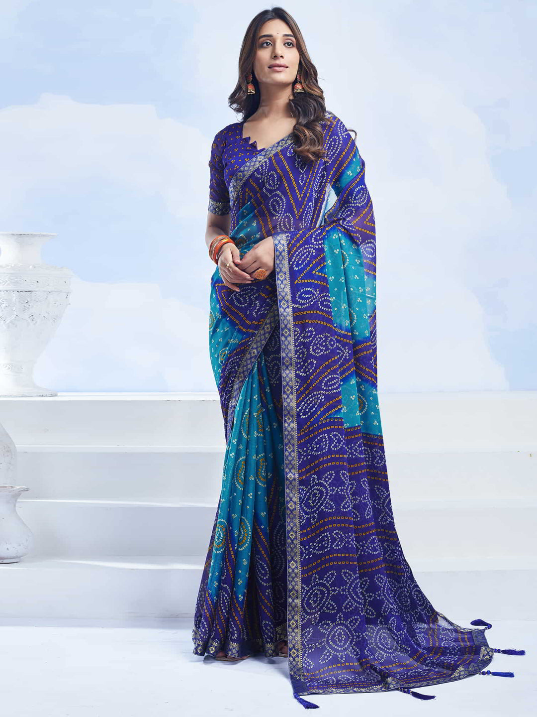 Rangriti Bandhani Chiffon Saree with Lace Border