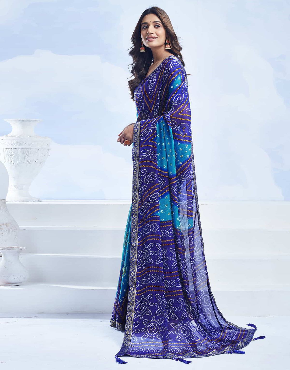 Rangriti Bandhani Chiffon Saree with Lace Border