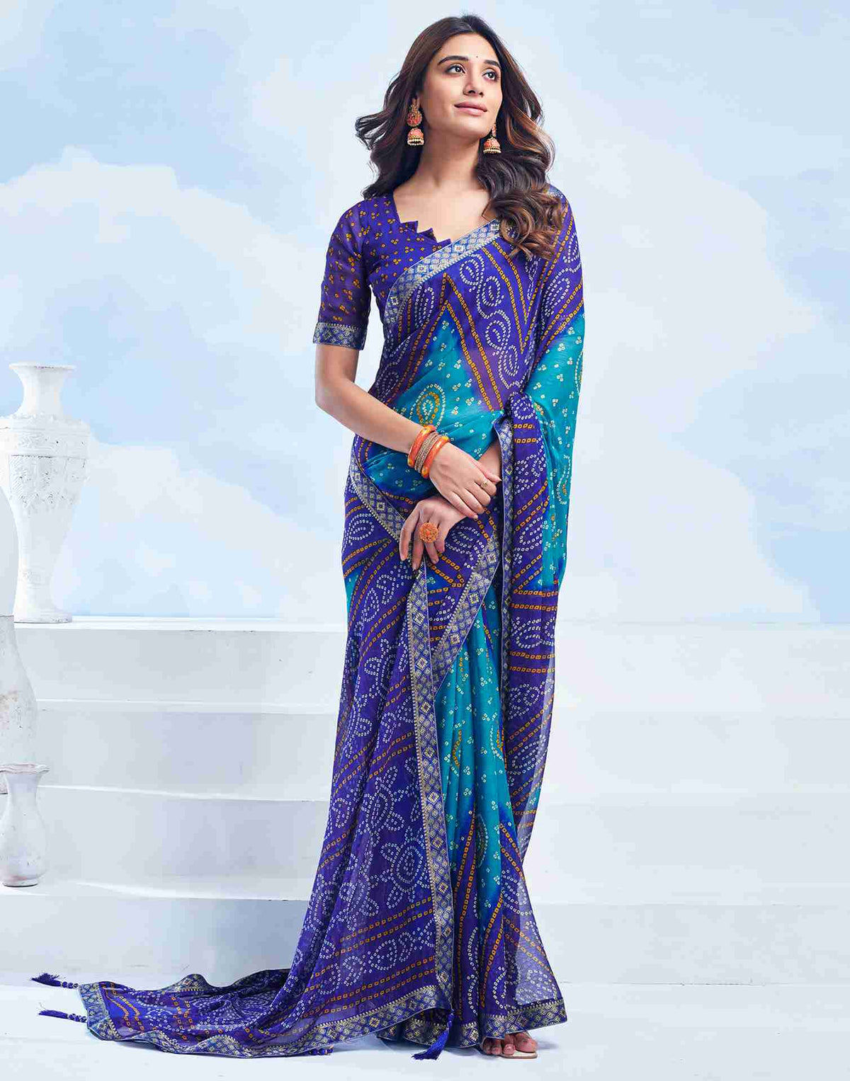 Rangriti Bandhani Chiffon Saree with Lace Border