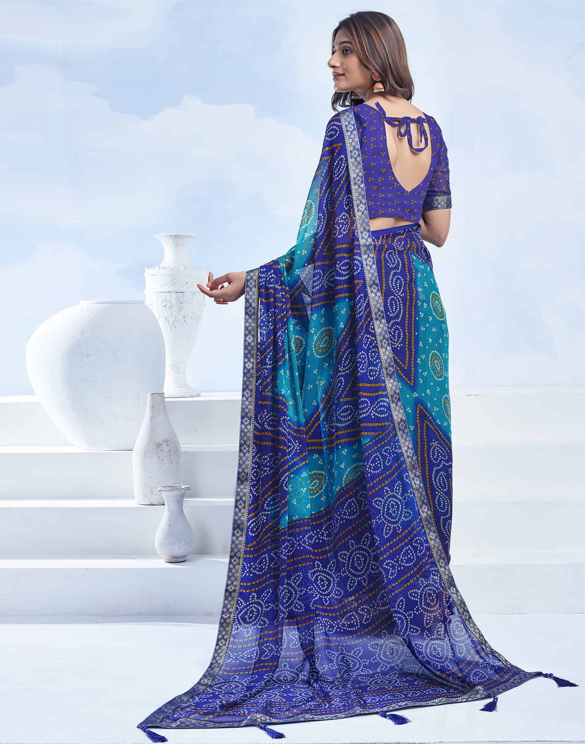 Rangriti Bandhani Chiffon Saree with Lace Border