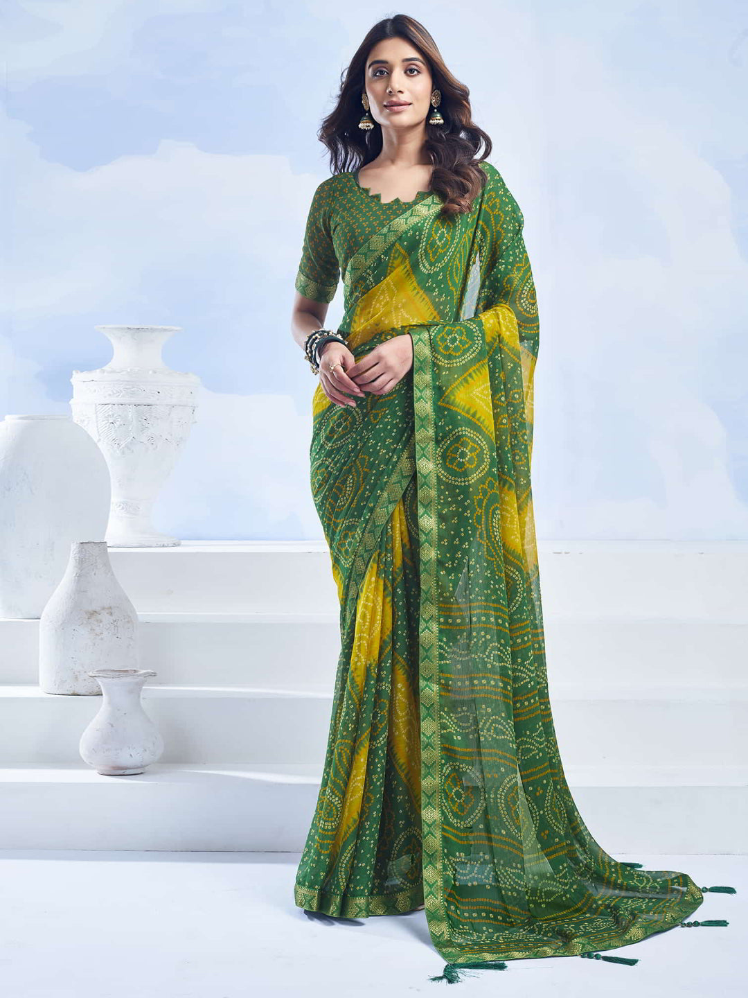 Rangriti Bandhani Chiffon Saree with Lace Border