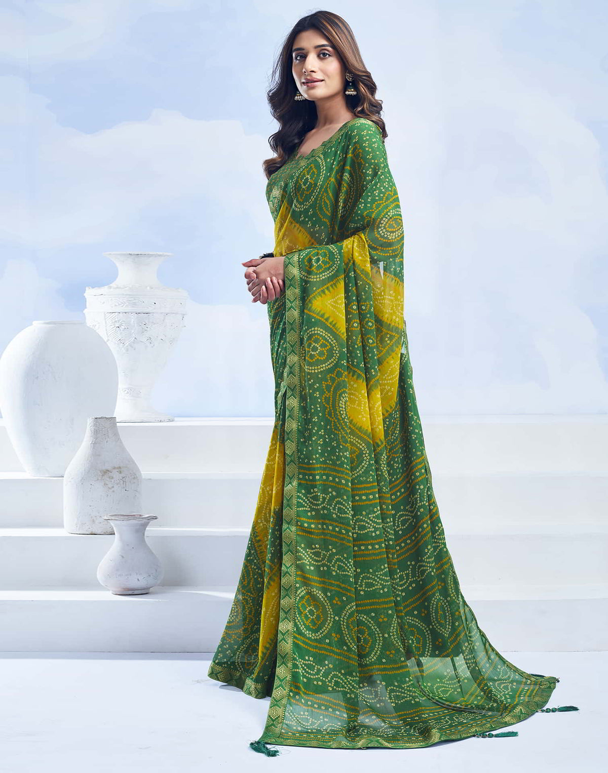 Rangriti Bandhani Chiffon Saree with Lace Border