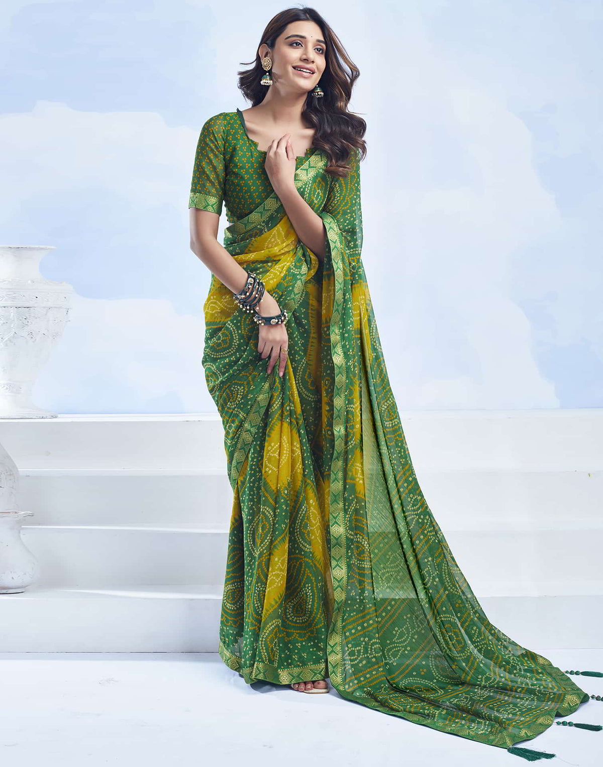 Rangriti Bandhani Chiffon Saree with Lace Border