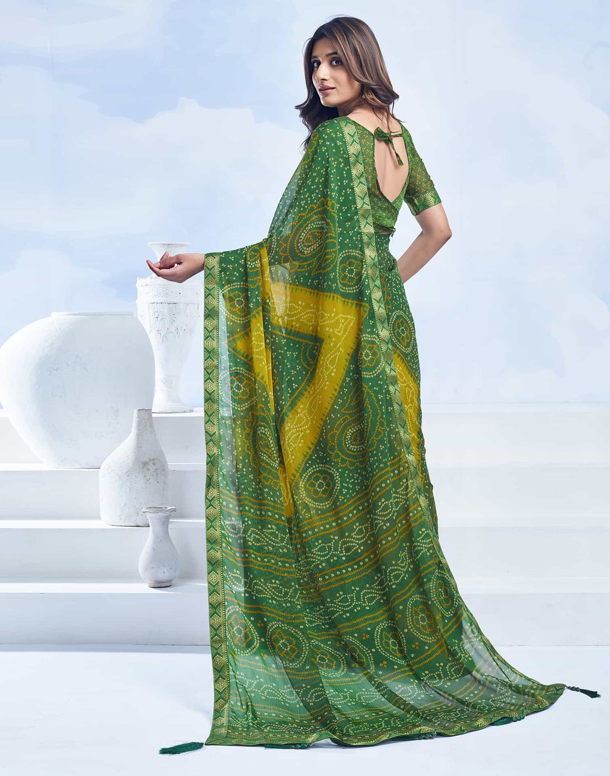Rangriti Bandhani Chiffon Saree with Lace Border