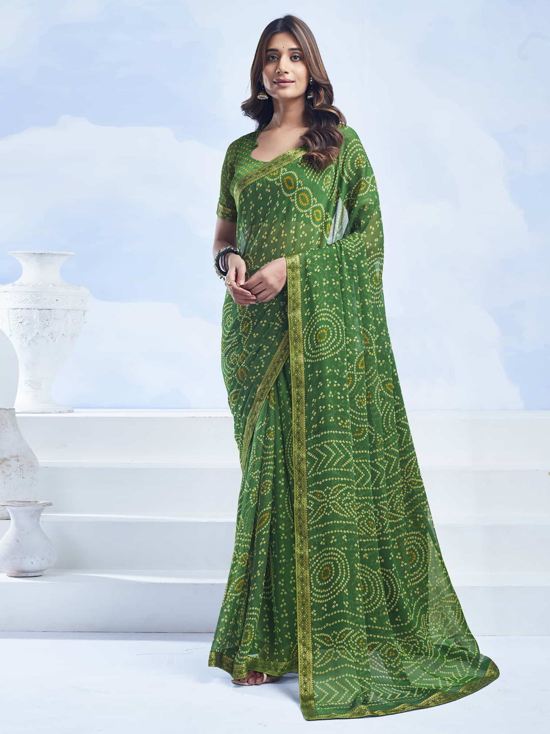 Rangriti Bandhani Chiffon Saree with Lace Border