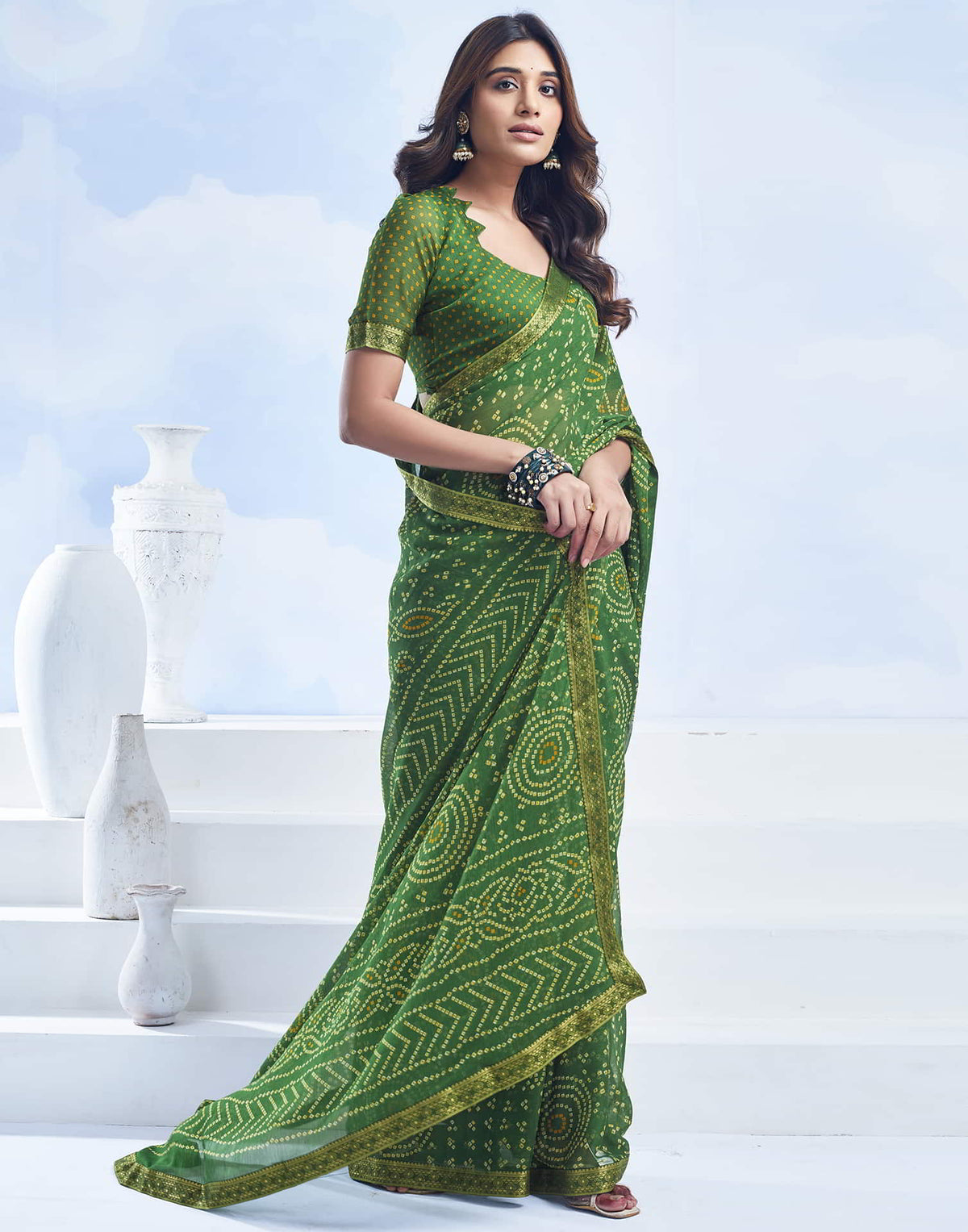 Rangriti Bandhani Chiffon Saree with Lace Border