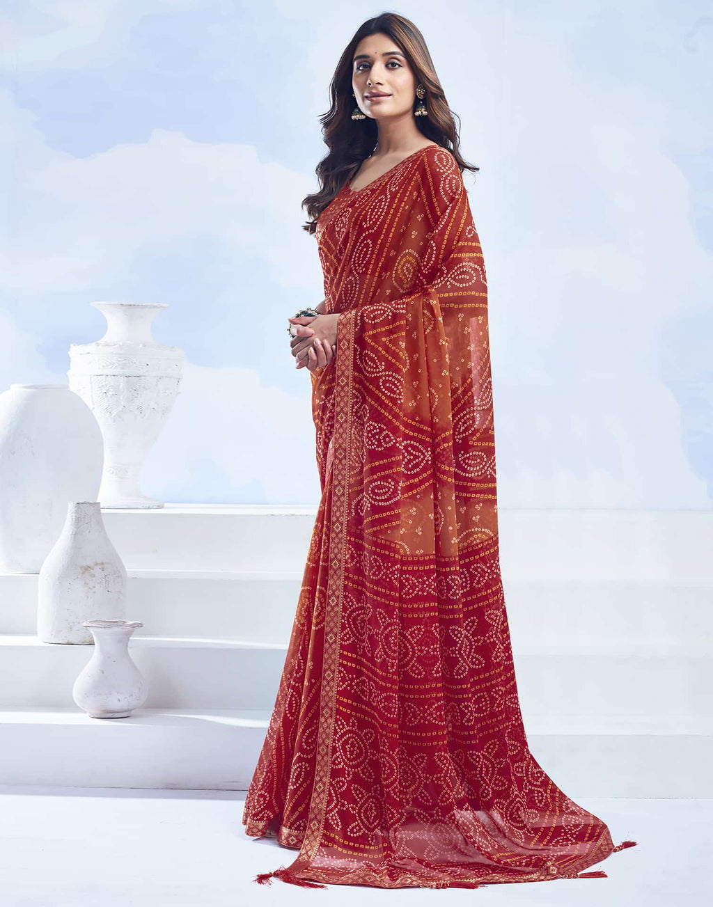 Rangriti Bandhani Chiffon Saree with Lace Border