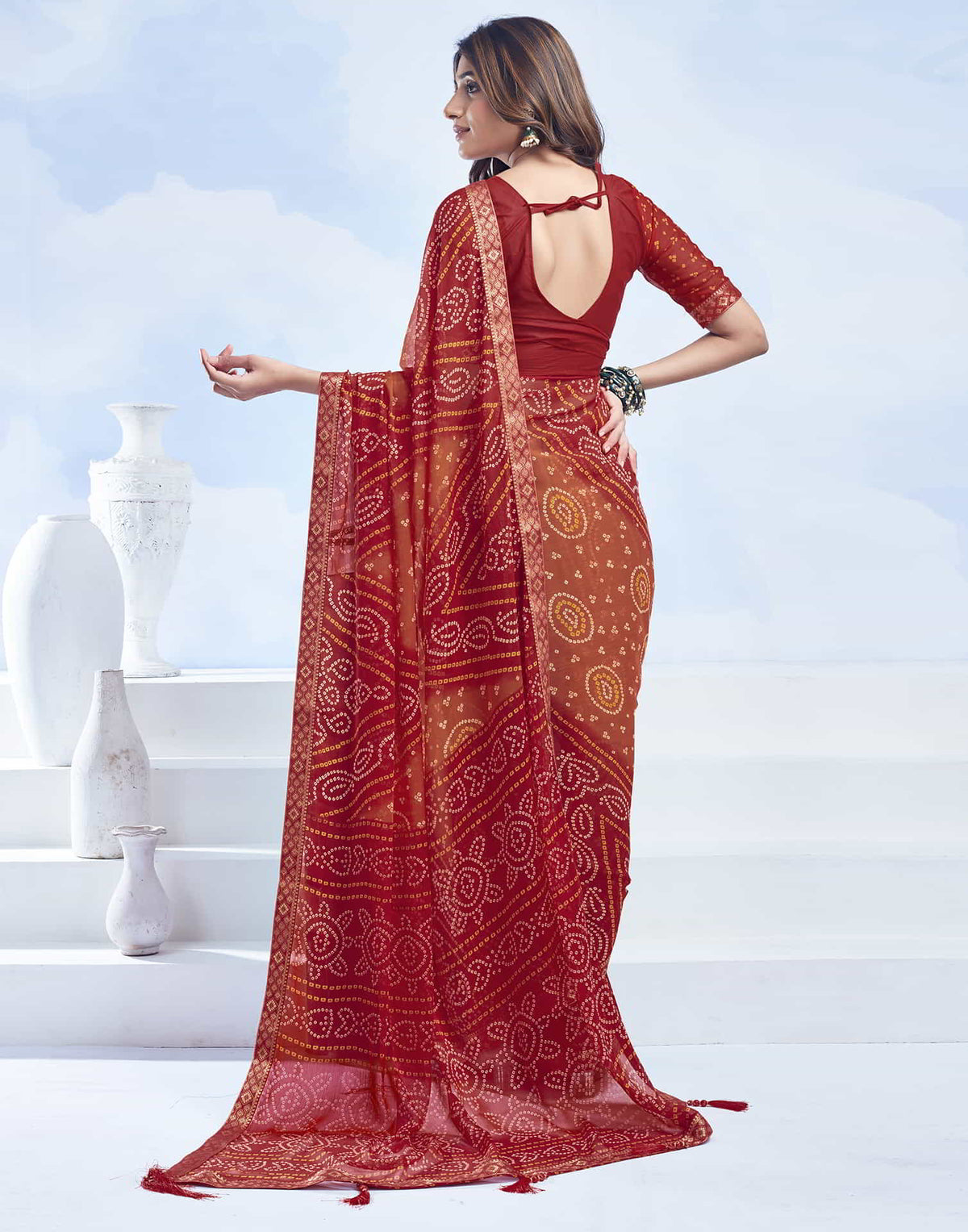 Rangriti Bandhani Chiffon Saree with Lace Border