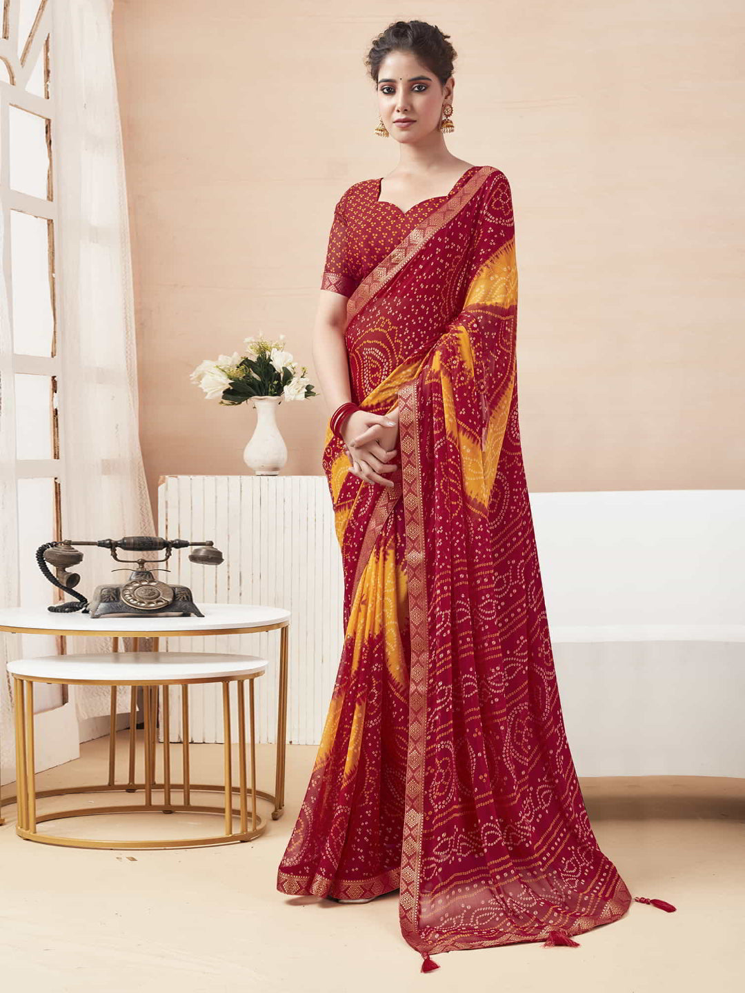 Rangriti Bandhani Chiffon Saree with Lace Border