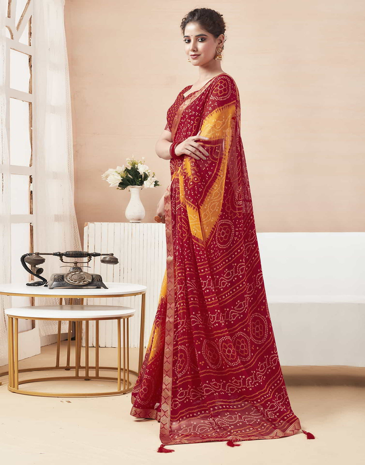 Rangriti Bandhani Chiffon Saree with Lace Border