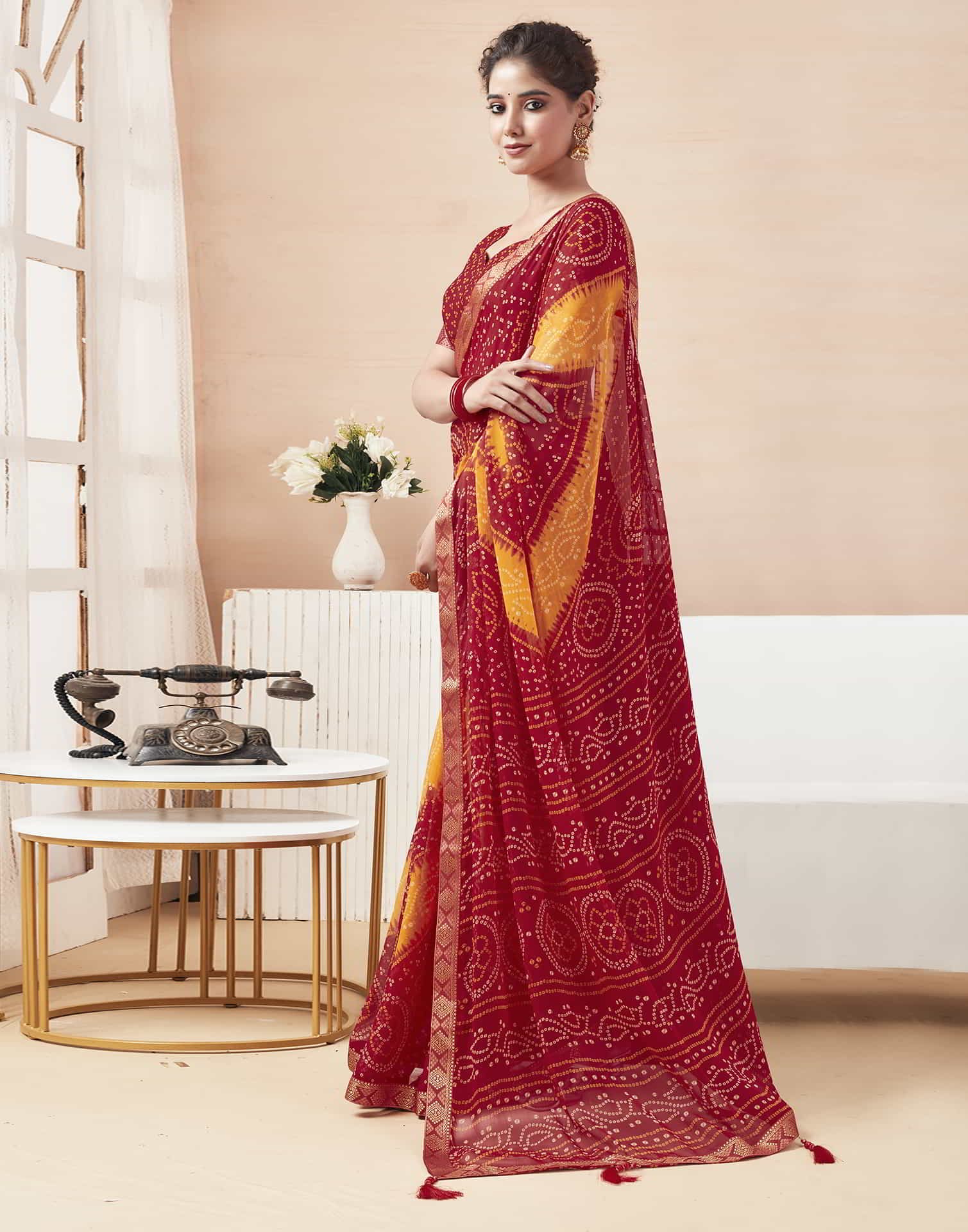Rangriti Bandhani Chiffon Saree with Lace Border