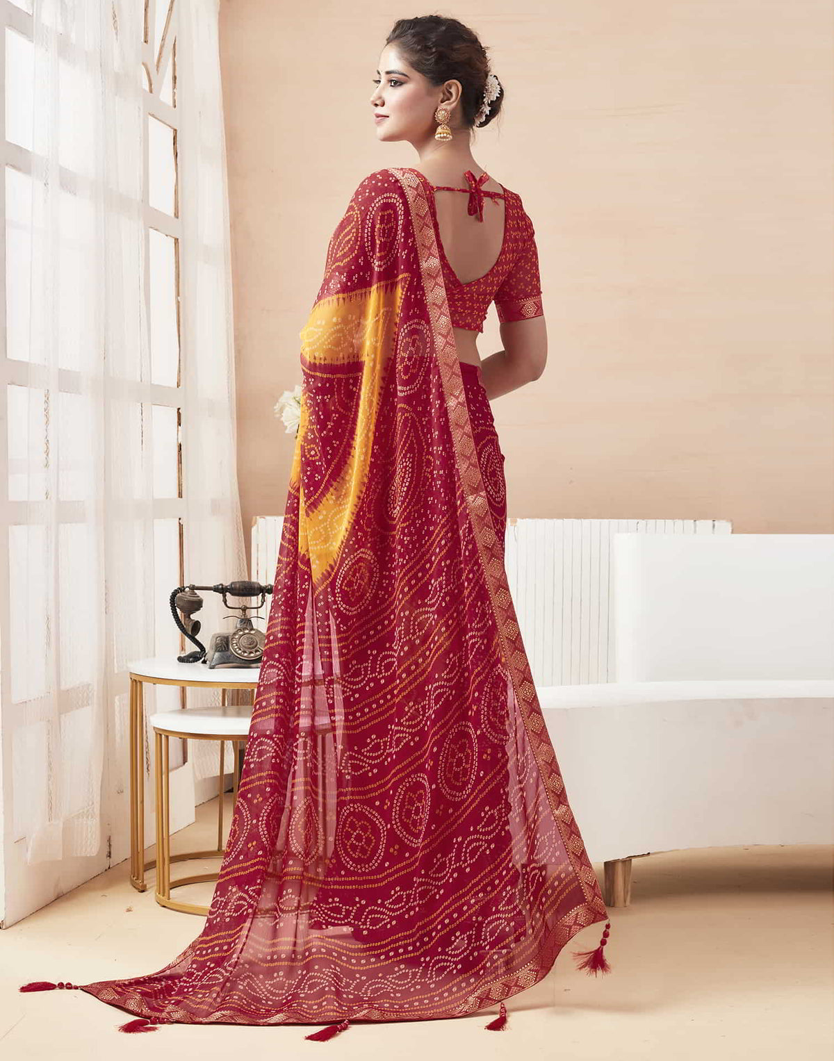 Rangriti Bandhani Chiffon Saree with Lace Border