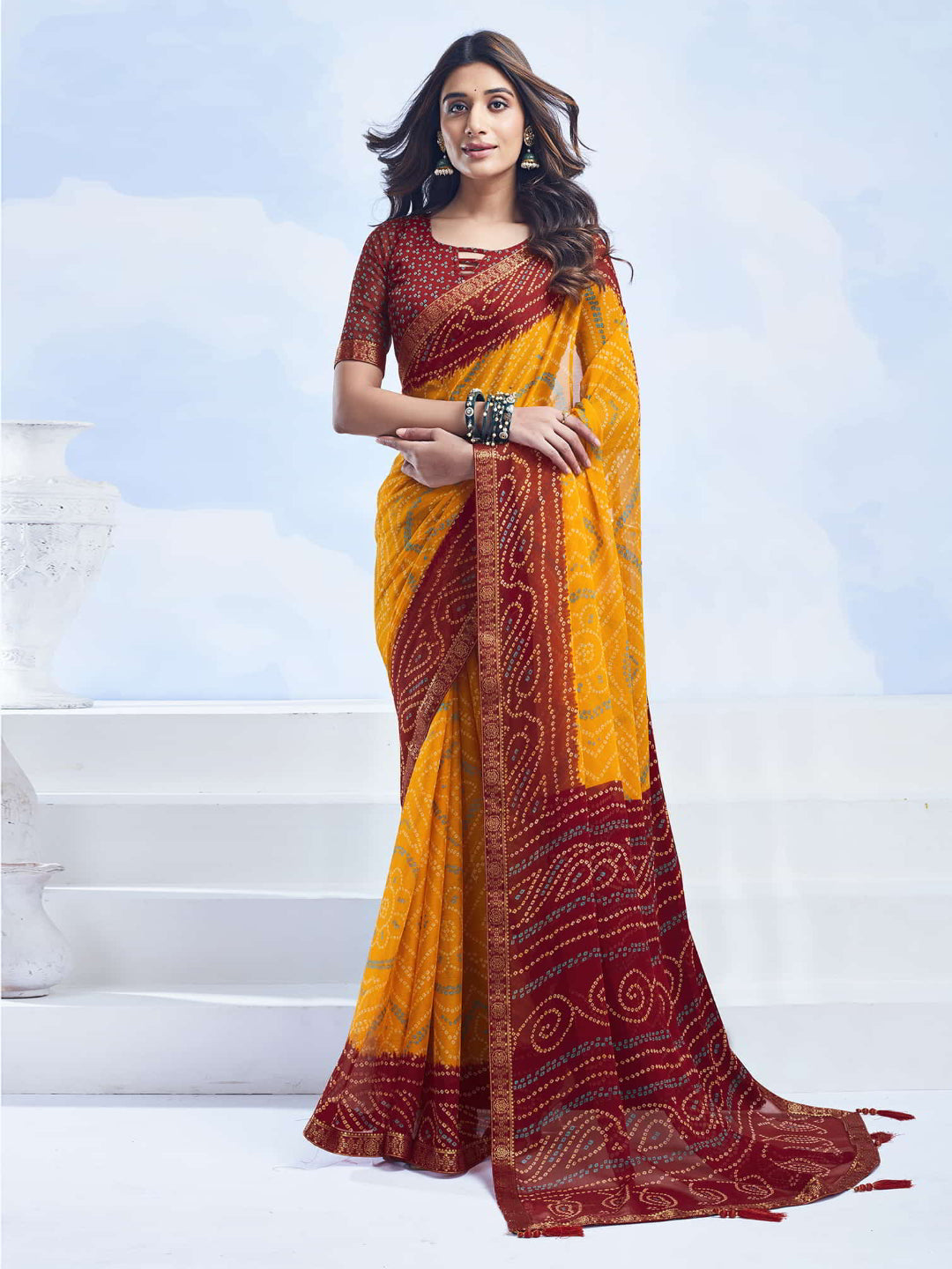 Rangriti Bandhani Chiffon Saree with Lace Border