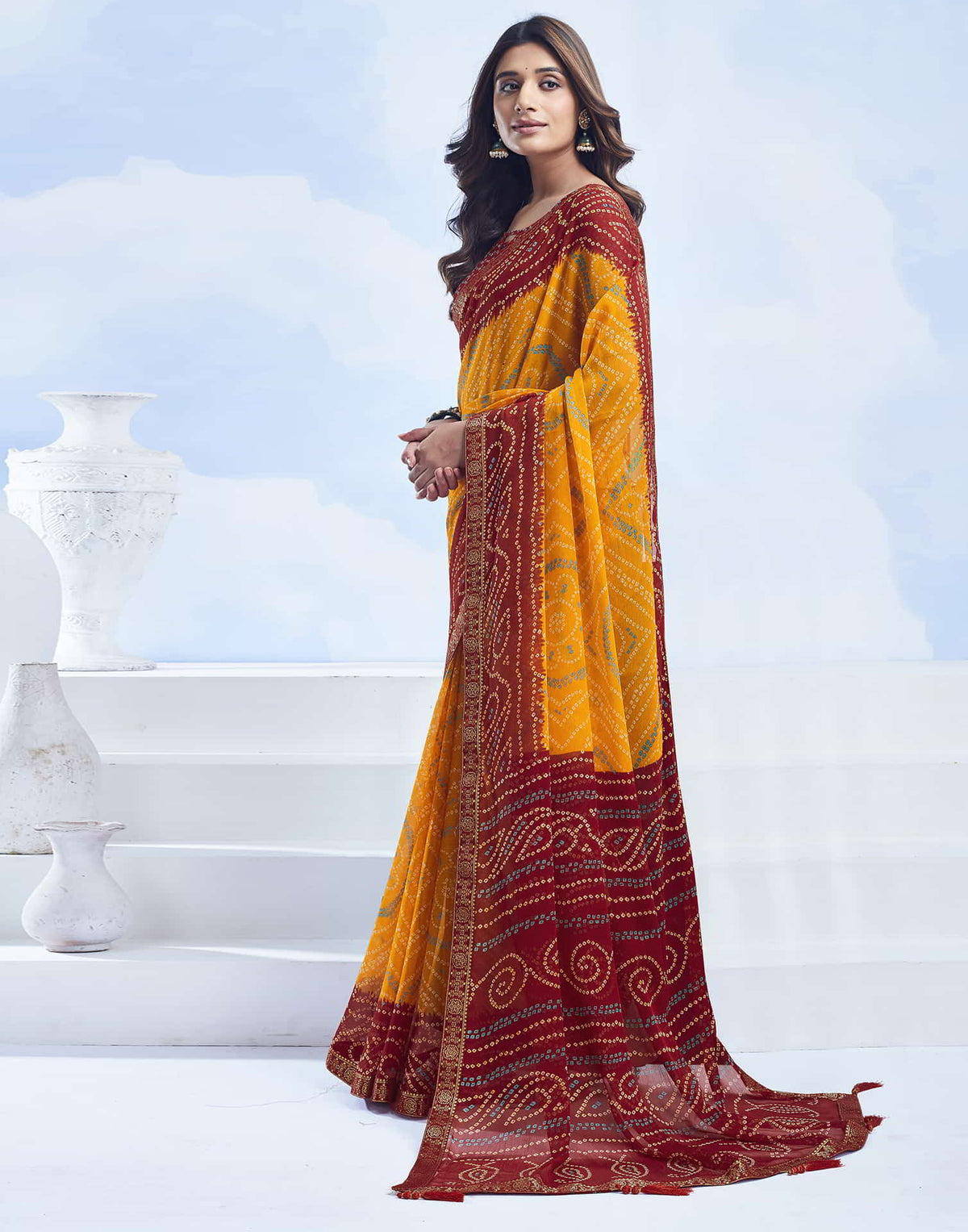 Rangriti Bandhani Chiffon Saree with Lace Border