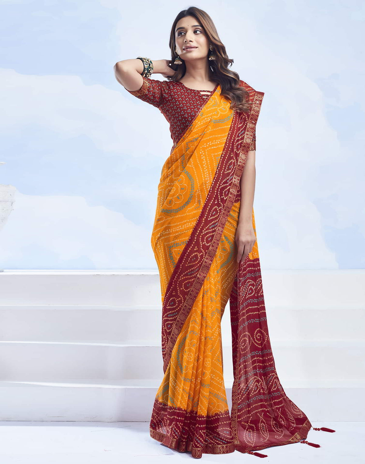 Rangriti Bandhani Chiffon Saree with Lace Border