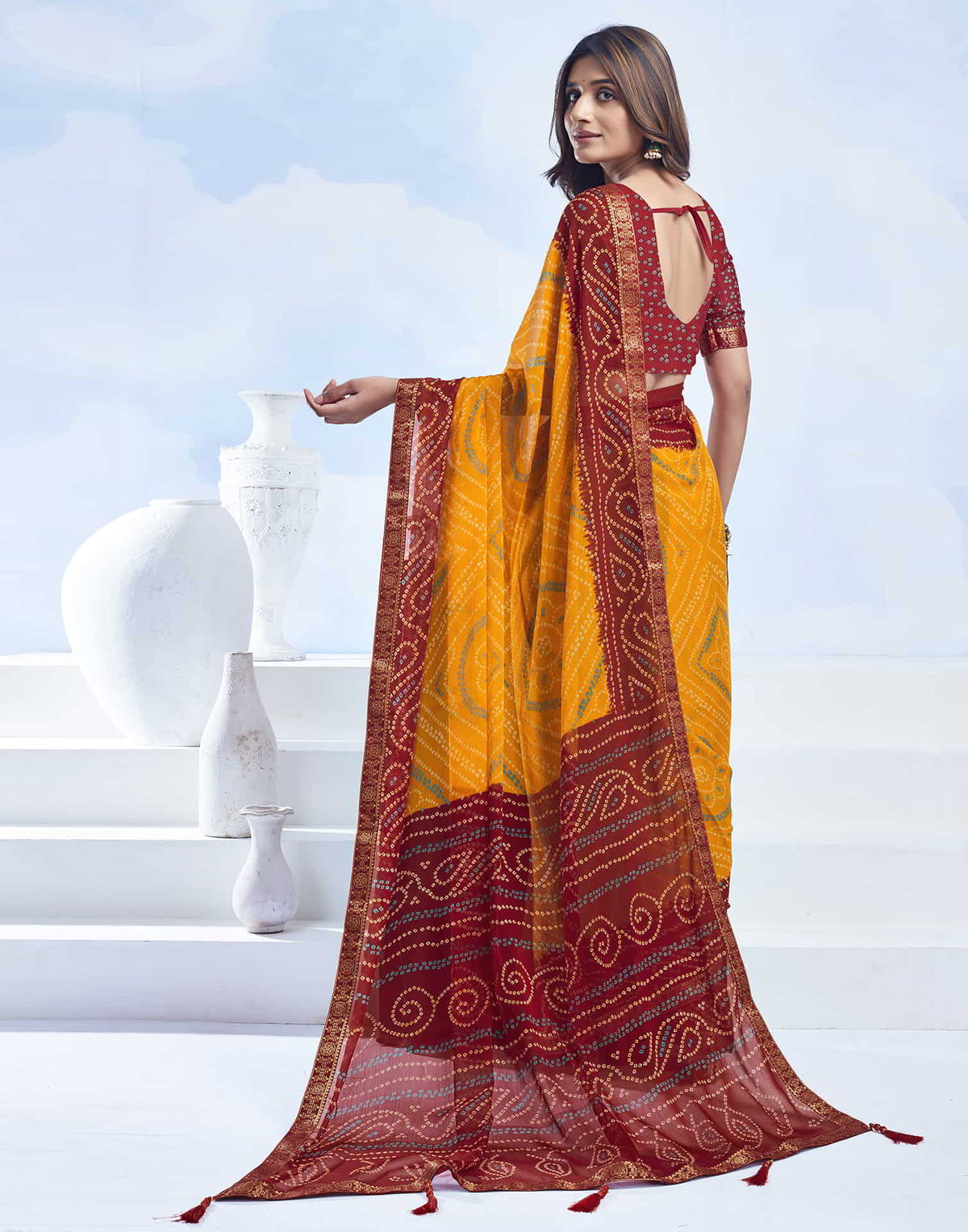 Rangriti Bandhani Chiffon Saree with Lace Border