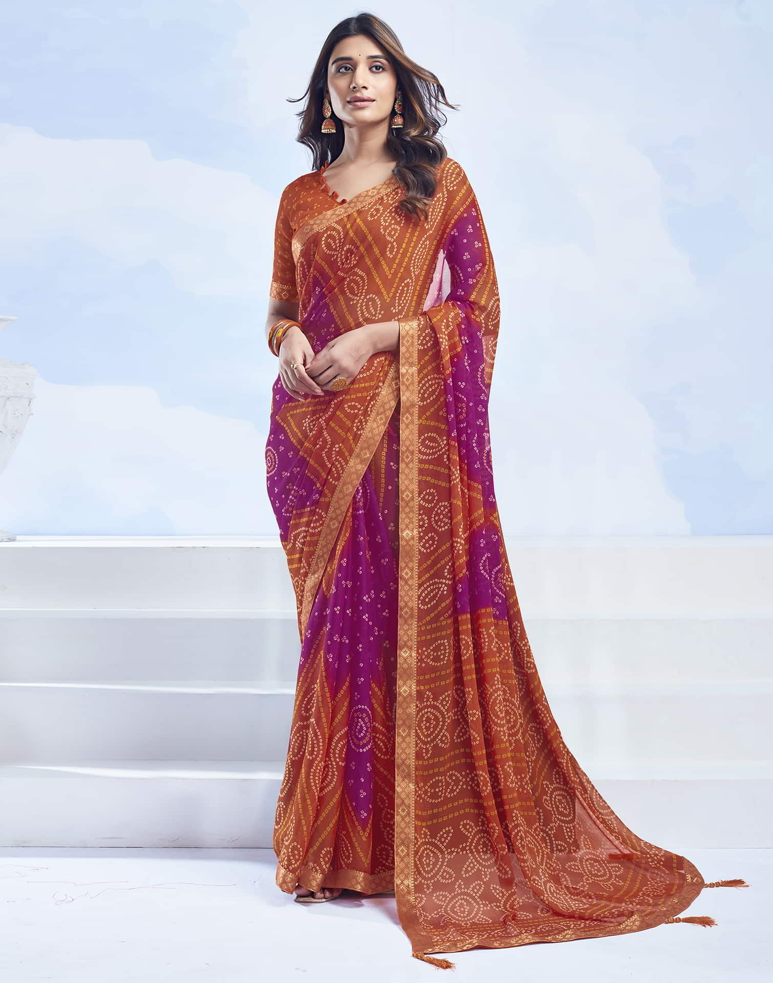 Rangriti Bandhani Chiffon Saree with Lace Border