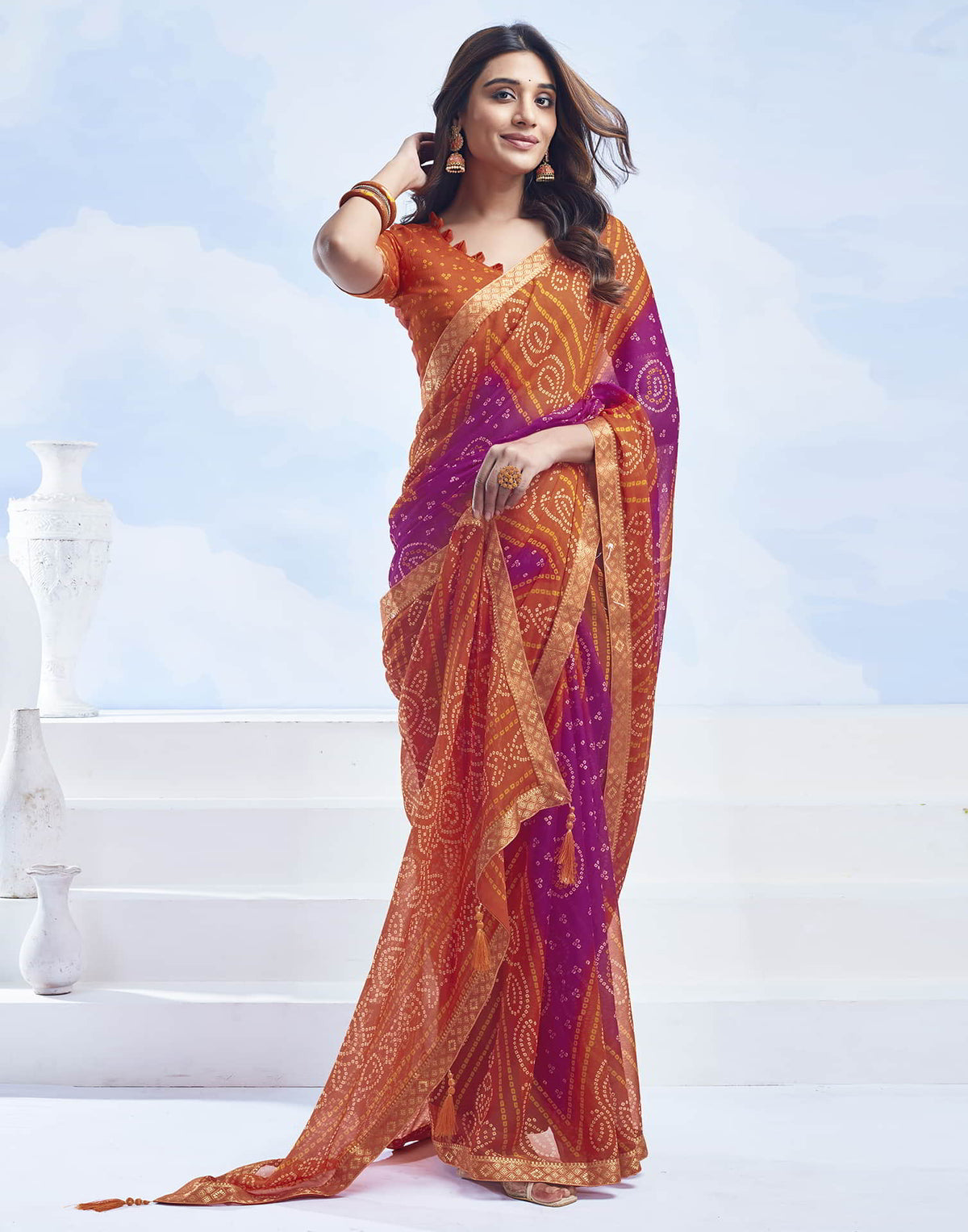 Rangriti Bandhani Chiffon Saree with Lace Border