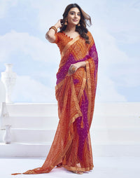 Rangriti Bandhani Chiffon Saree with Lace Border